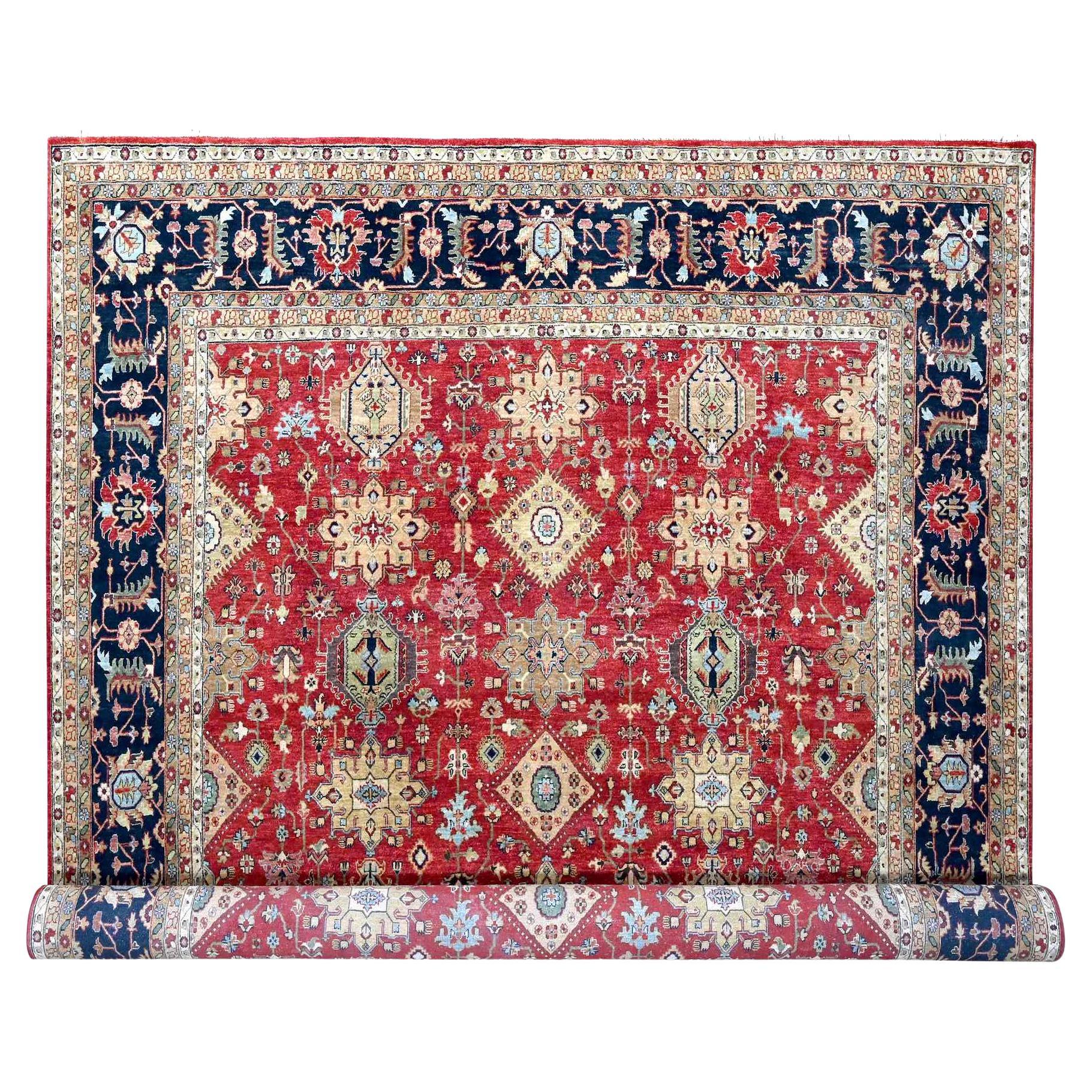 12
x15
 Ajax Red Karajeh Design Tribal Medallions Hand Knotted Wool XL Rug For Sale