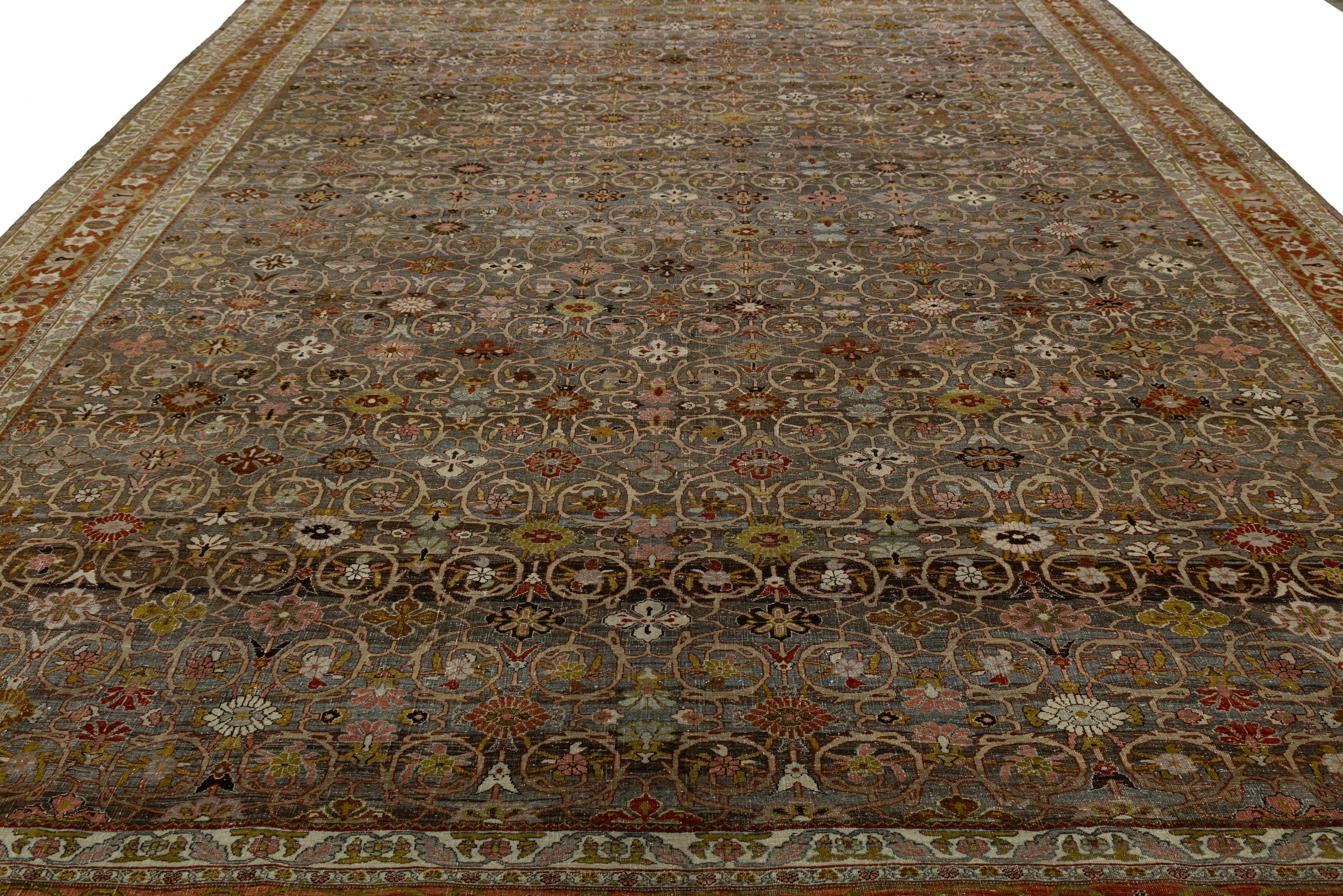 12x15 Antiker Bidjar Persischer Wollteppich Handgefertigt in erdigen Rottönen mit floralen Motiven im Angebot 4