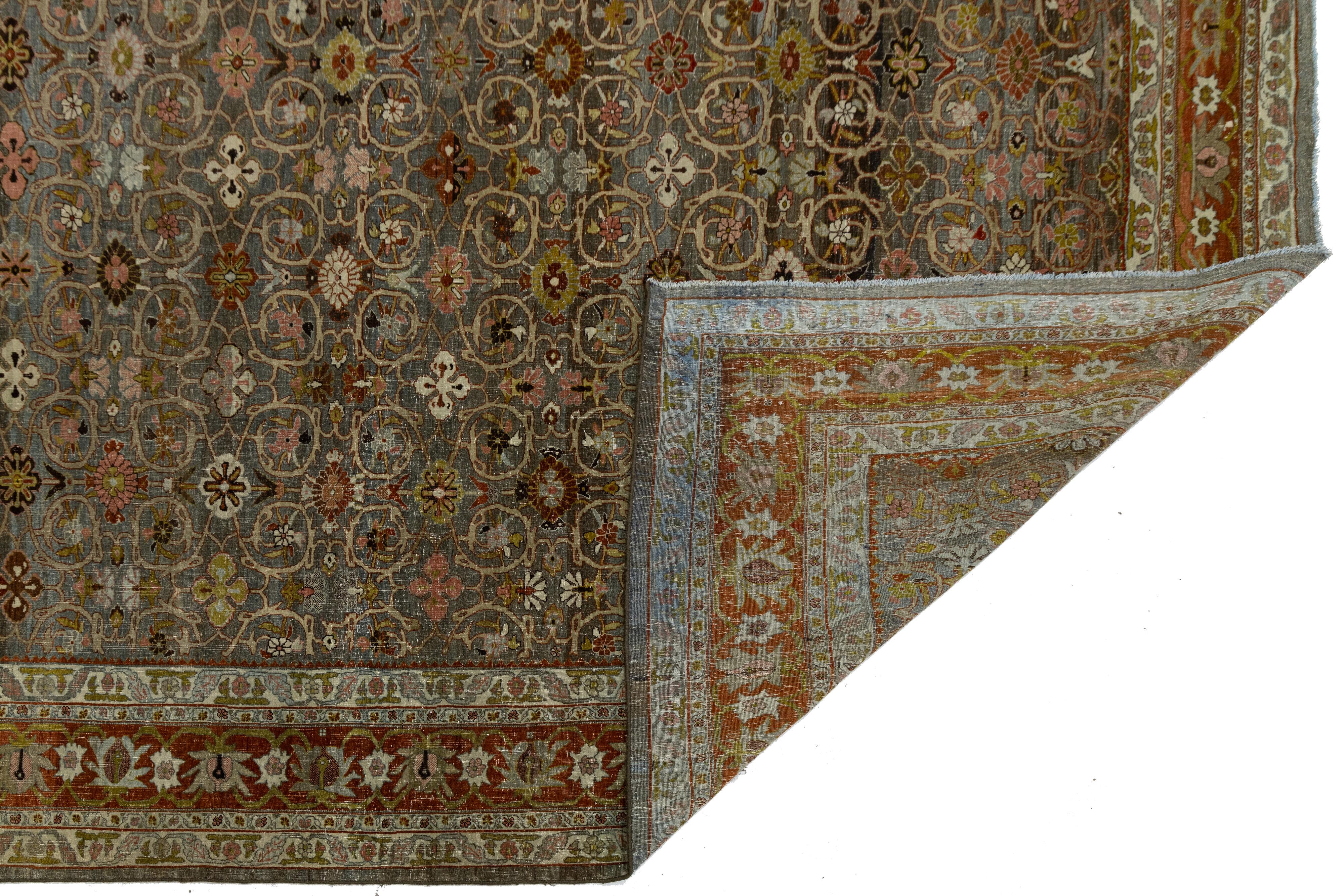 12x15 Antiker Bidjar Persischer Wollteppich Handgefertigt in erdigen Rottönen mit floralen Motiven (Islamisch) im Angebot