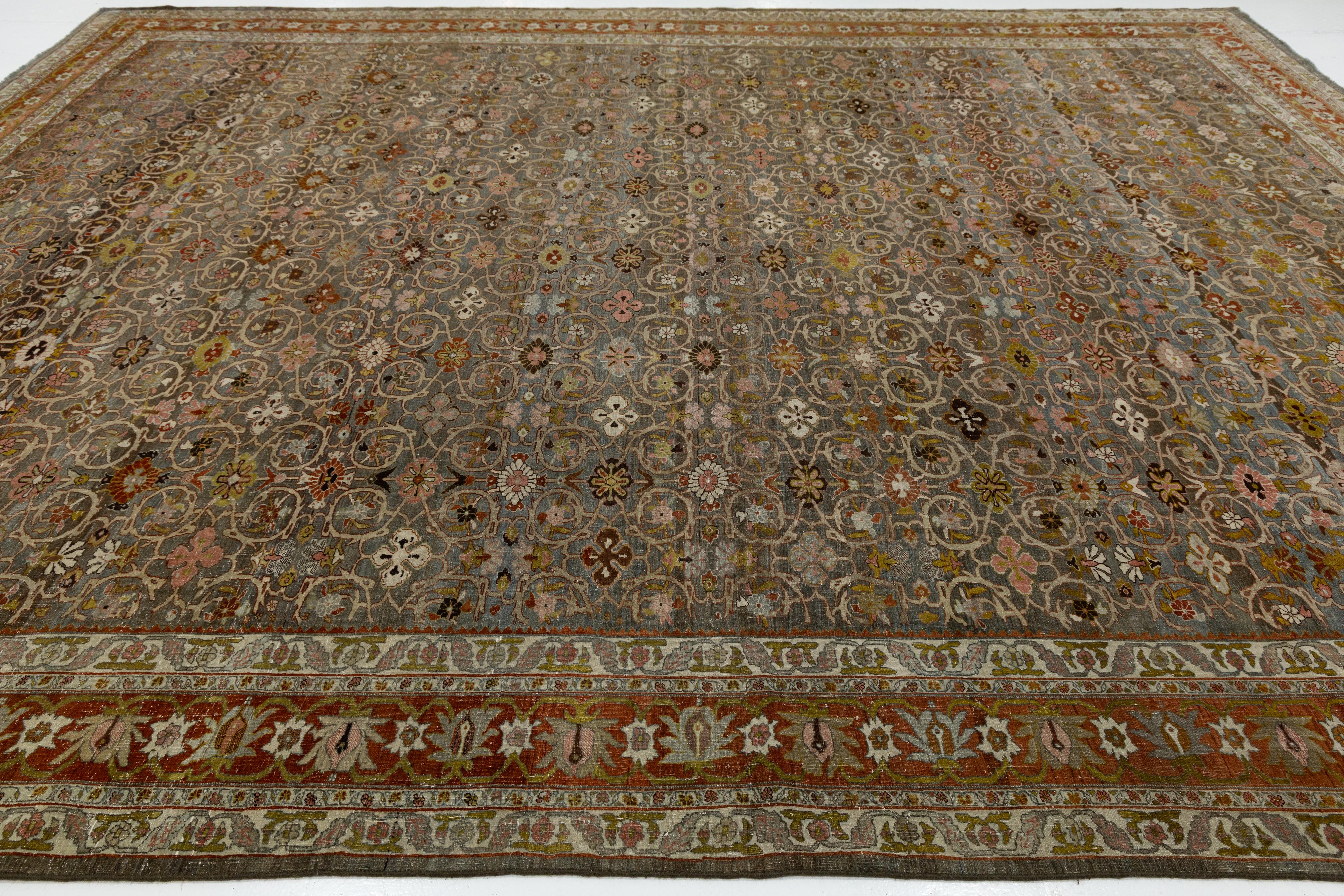 12x15 Antiker Bidjar Persischer Wollteppich Handgefertigt in erdigen Rottönen mit floralen Motiven (19. Jahrhundert) im Angebot