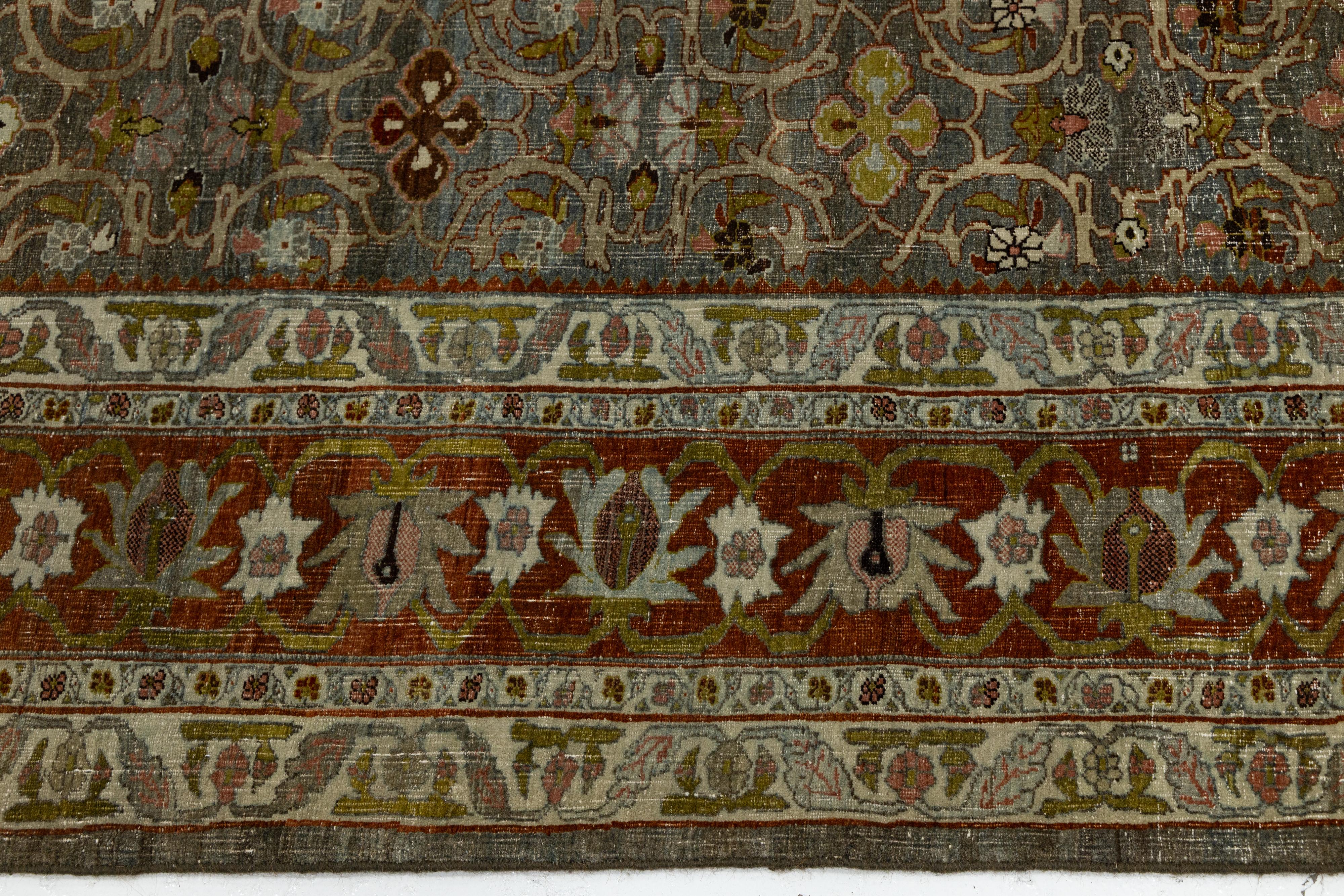 12x15 Antiker Bidjar Persischer Wollteppich Handgefertigt in erdigen Rottönen mit floralen Motiven im Angebot 2