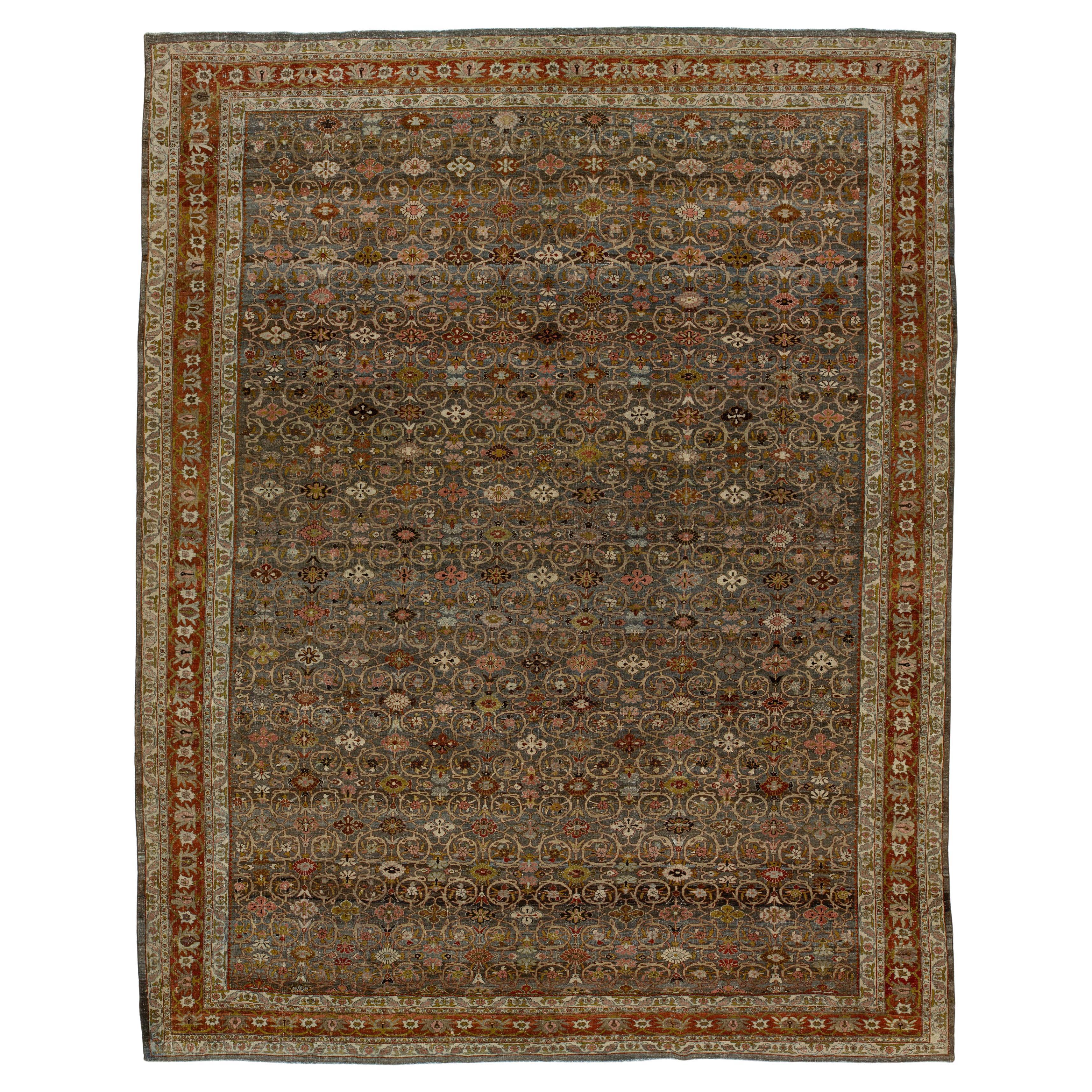 12x15 Antique Bidjar Persian Wool Rug Handmade In Earthy Reds with Floral Motifs