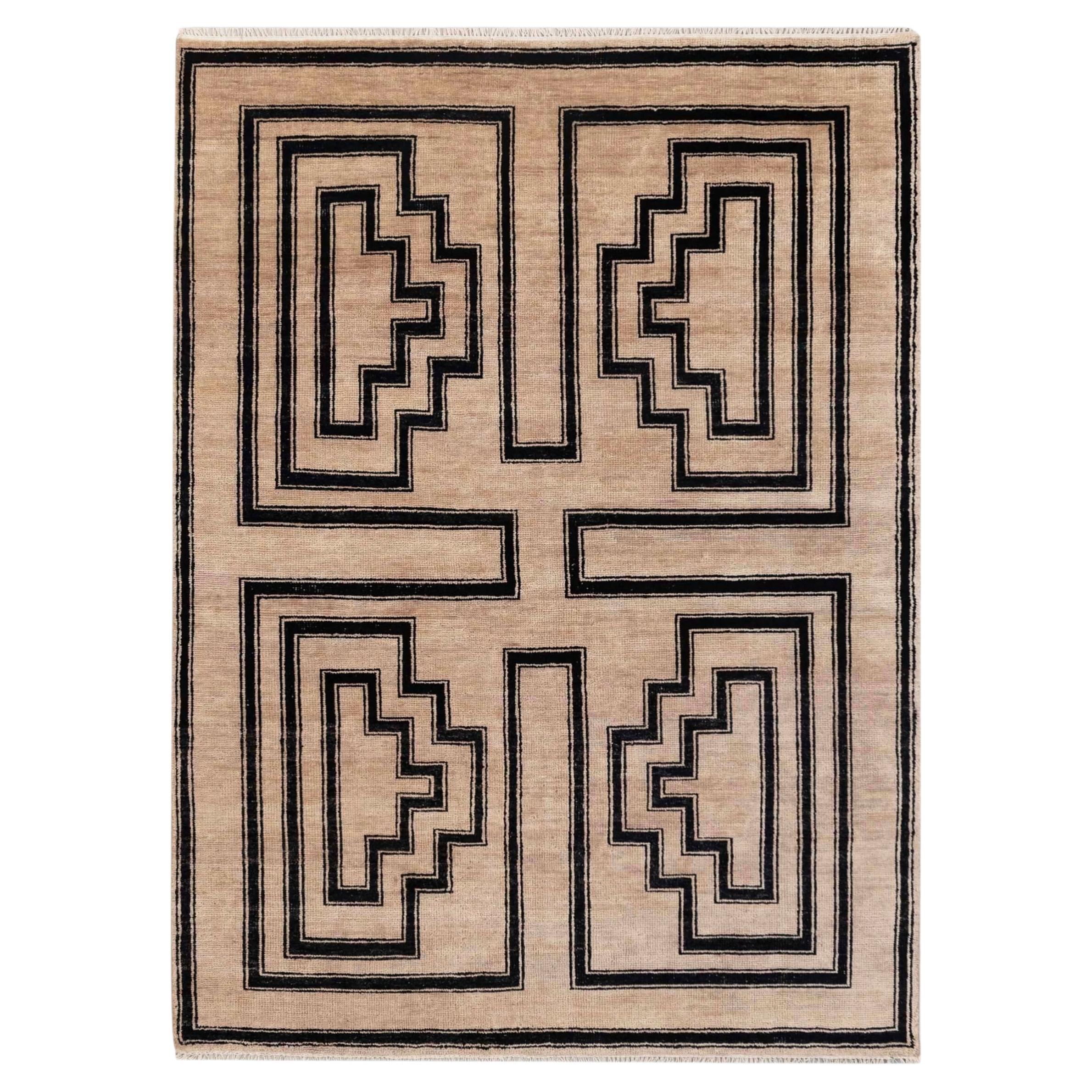 12x15 Beige Brown Black Geometric Hand Knotted Wool Rug ( G-9760 ) For Sale