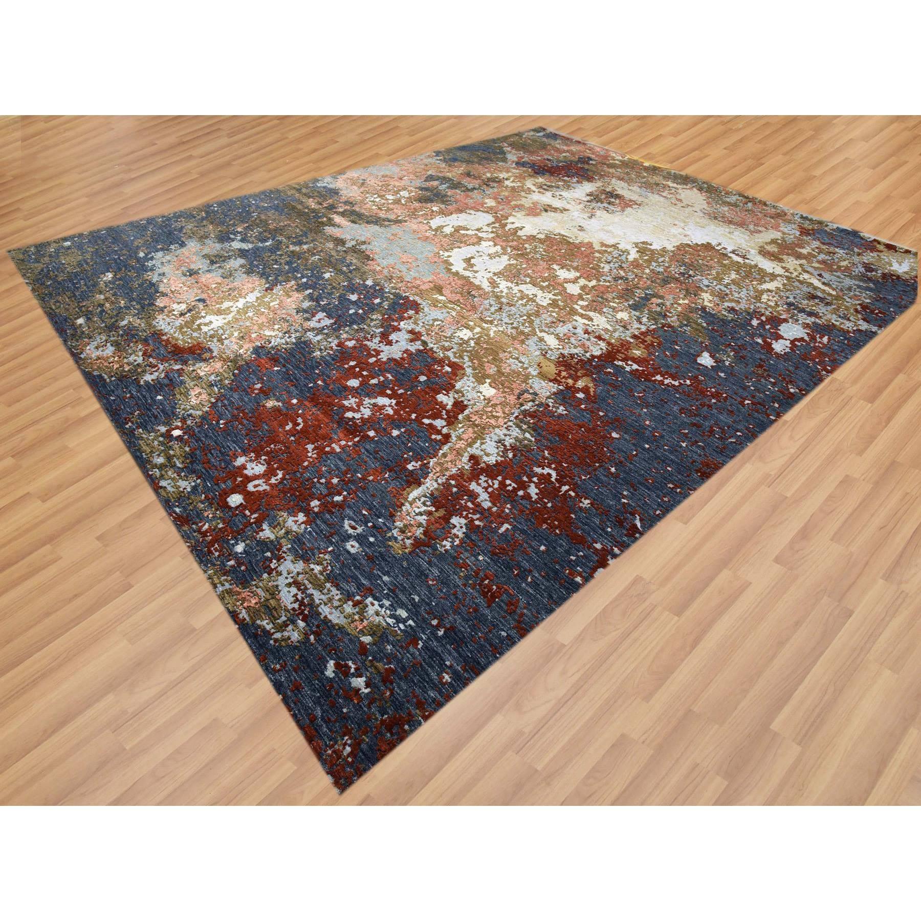 Moderno 12'x15' Brown Abstract Design Persian Knot Soft Wool Hand Knotted Oriental Rugs in vendita