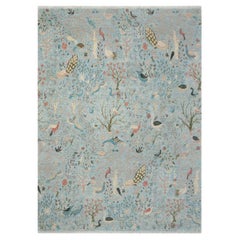 12x15 Ft Light Blue Peacock Bird Garden Hand Knotted Wool Rug ( JC -13346 )