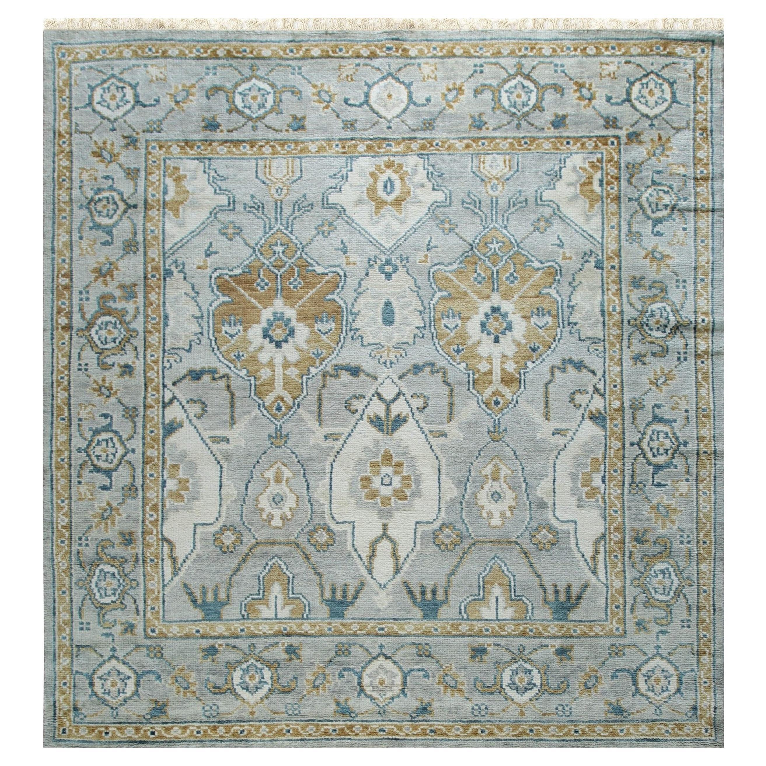 12x15 Gray Hand-Knotted Wool Framed Rosettes Geometric Modern Carpet Rug For Sale