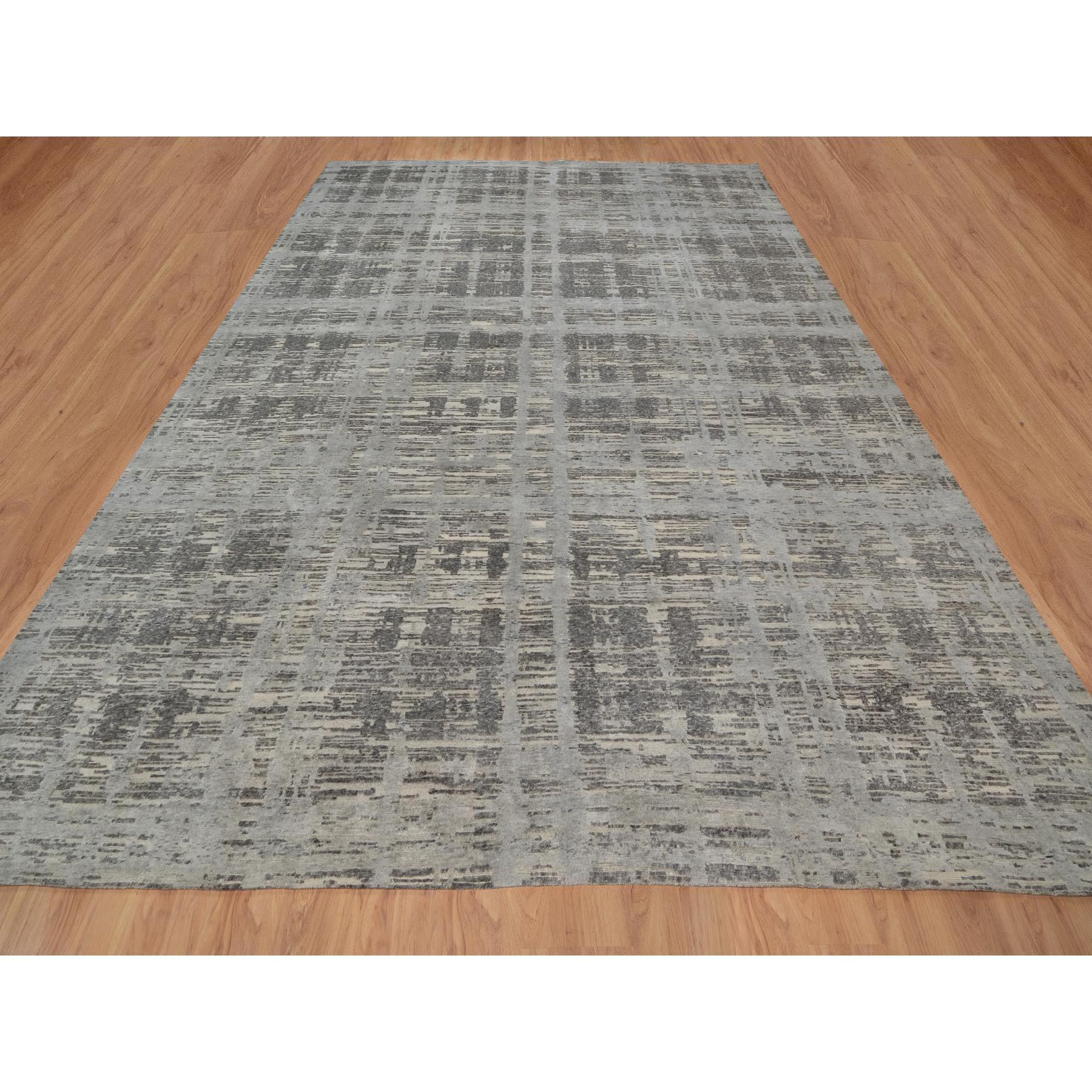 Nickel Gray, Modern Criss Cross Erased Design, Hand Spun Undyed Natural Wool, Hand Knotted, Oversized, XL, Oriental Rug
Primary materials: Wool
Latex: No Pile 
height: 0.25 Inches
Style: Contemporary
Primary color: Grey
Secondary colors: Ivory,