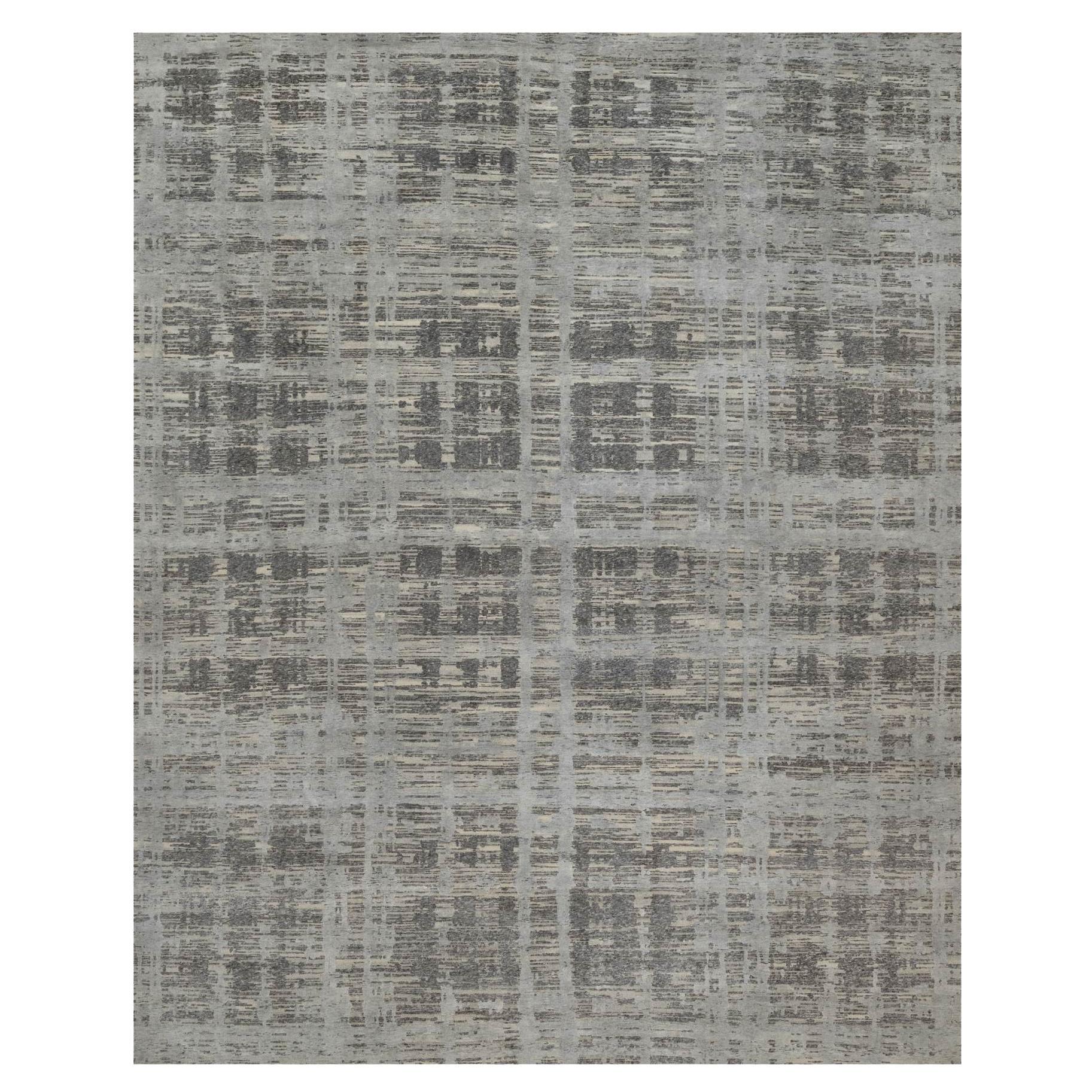 12'x15' Gray Modern Criss Cross Erased Design Hand Knotted Natural Wool XL Rug