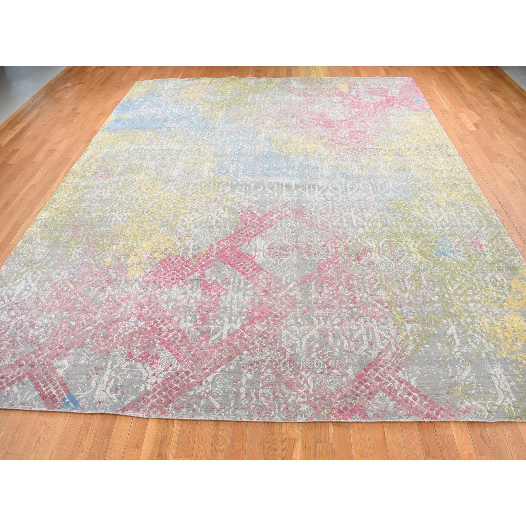 Battleship Gray with Red and Yellow Shades, Oversized, TRELLIS IN THE SPRING, Pure Silk, Hi-Low Pile, Hand Knotted Oriental Rug
Primary materials: Silk
Latex: No Pile 
height: 0.25 Inches
Style: Transitional
Primary color: Grey
Secondary colors: