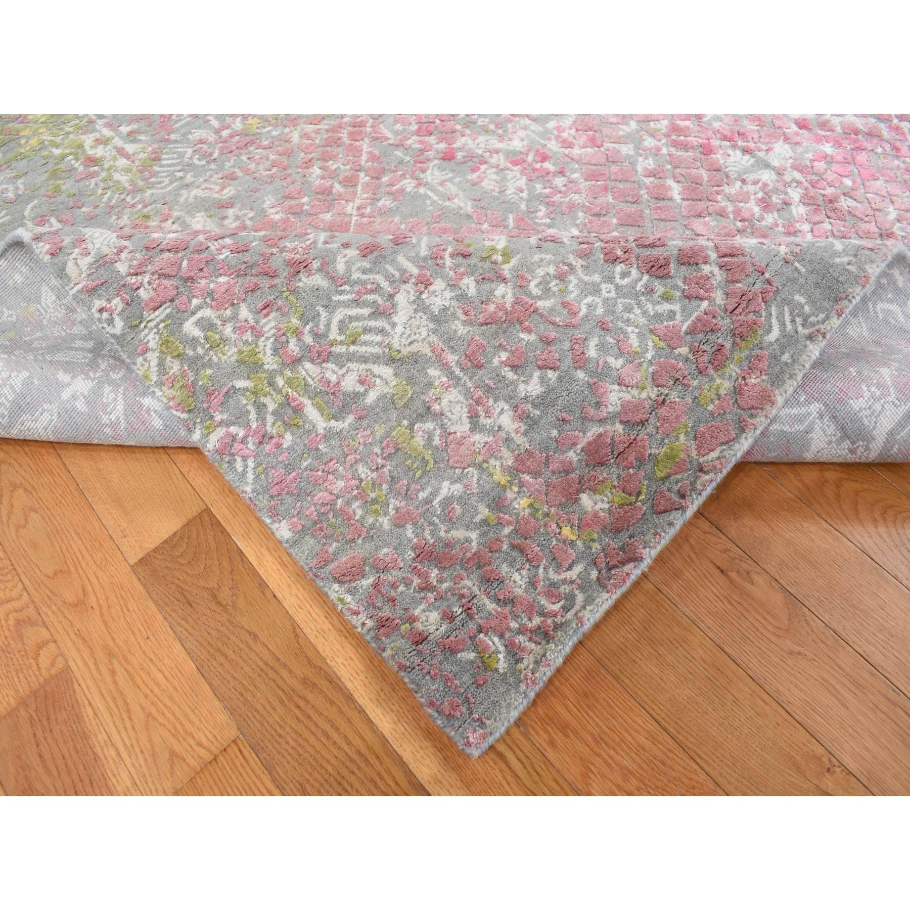 Hand-Knotted 12'x15' Gray with Red and Yellow Shades TRELLIS IN THE SPRING Pure Silk Rug For Sale