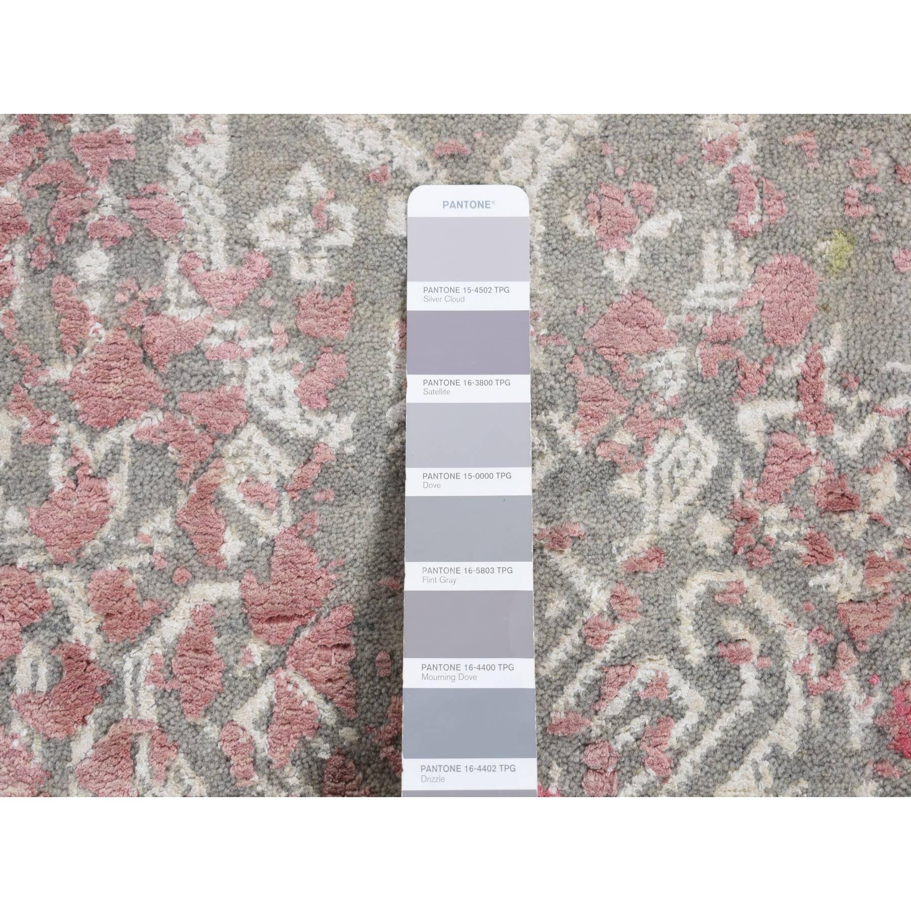 Contemporary 12'x15' Gray with Red and Yellow Shades TRELLIS IN THE SPRING Pure Silk Rug For Sale
