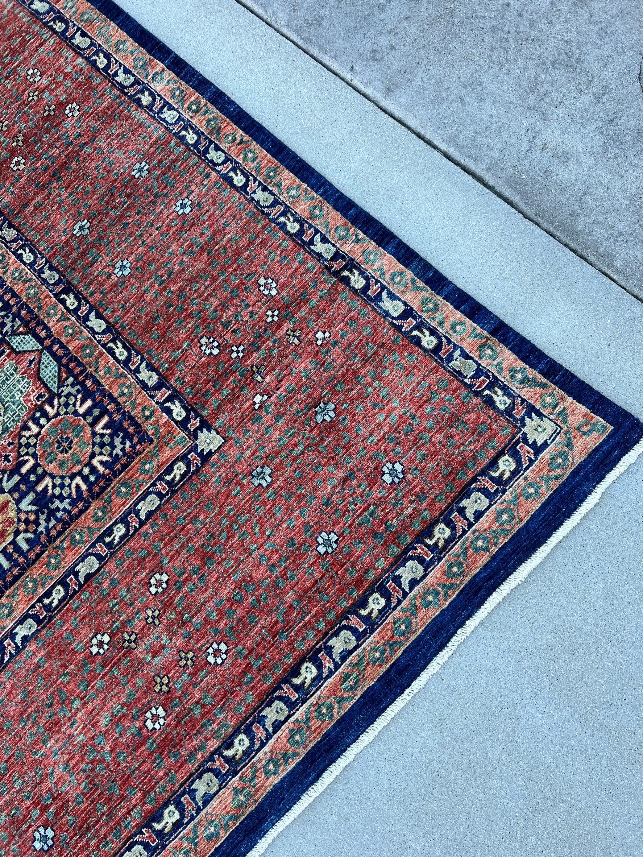 Egyptian Hand-Knotted Afghan Mamluk Area Rug Salmon Pink Red Navy Blue Teal Sage For Sale