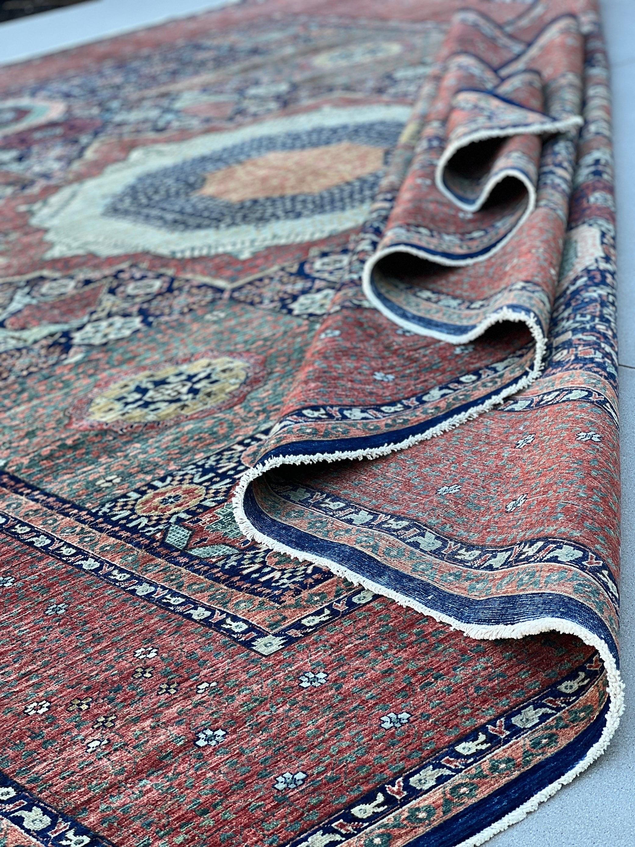 Hand-Knotted Afghan Mamluk Area Rug Salmon Pink Red Navy Blue Teal Sage In New Condition For Sale In San Marcos, CA