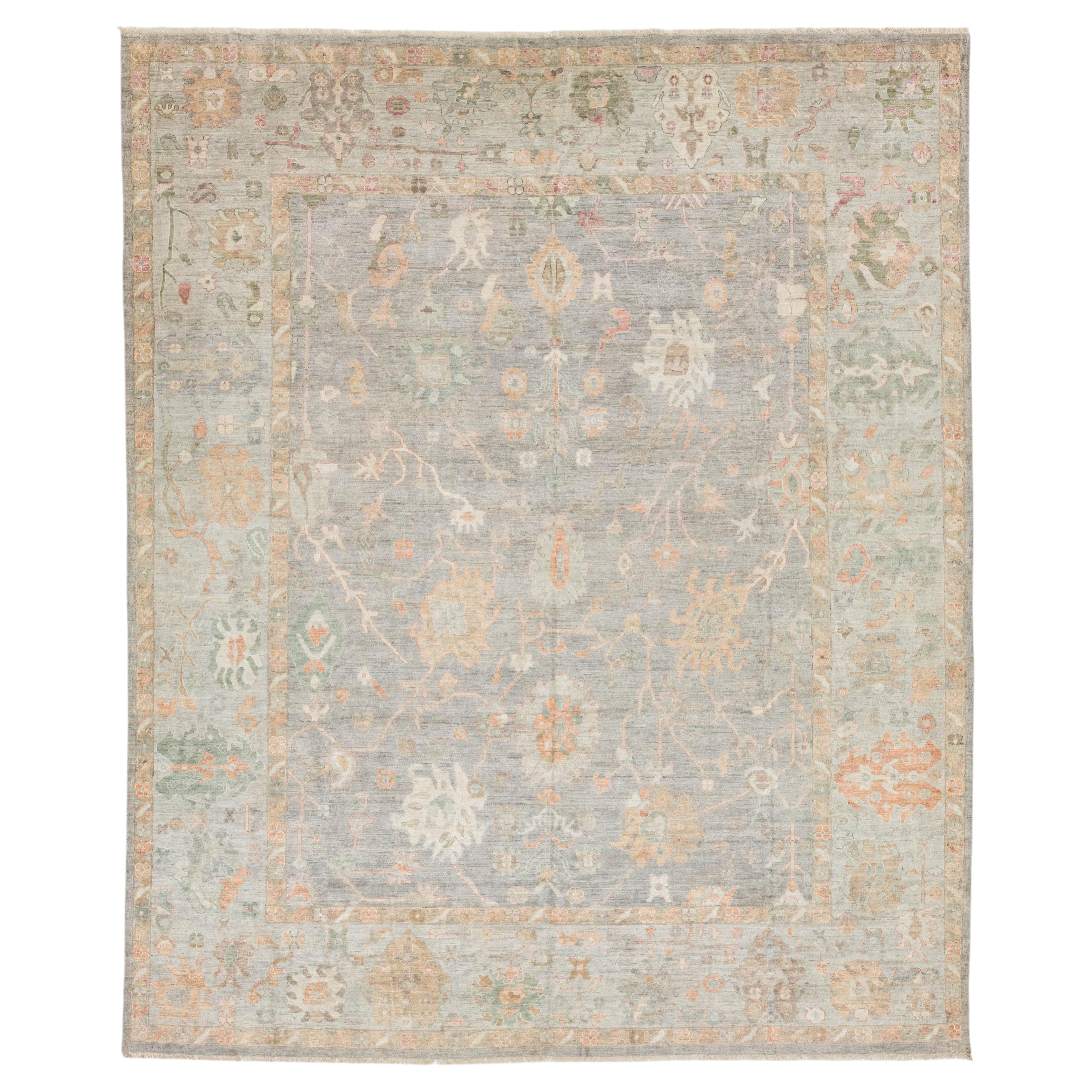 12x15 Hand-Knotted Modern Oushak Style Wool Area Rug – Muted Sage Floral Design