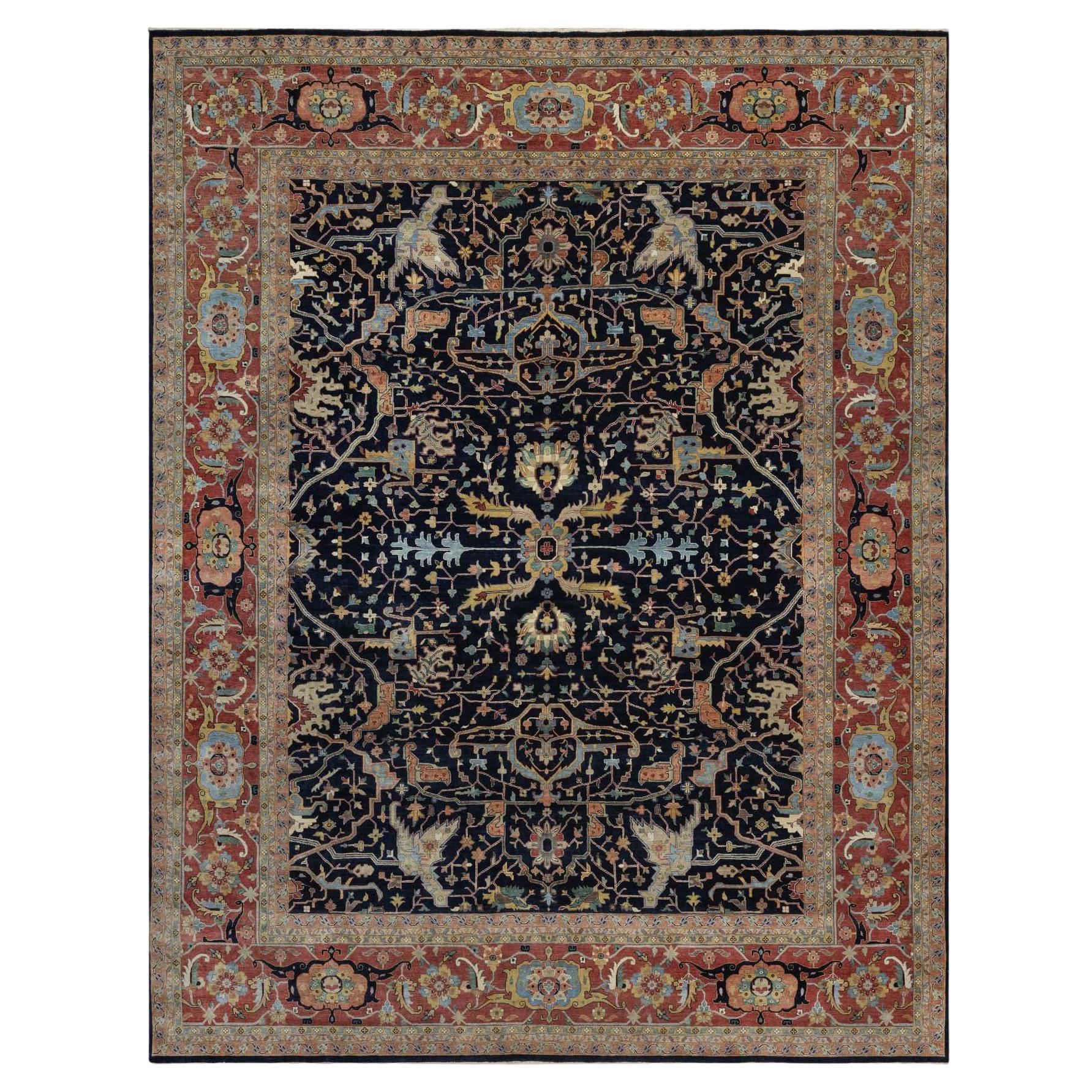 12'x15' Midnight Blue Hand Knotted Wool Antiqued Fine Heriz Re-Creation XL Rug