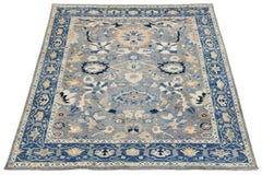 12x15 Alfombra de lana estilo Oushak floral moderna en azul pizarra apagado