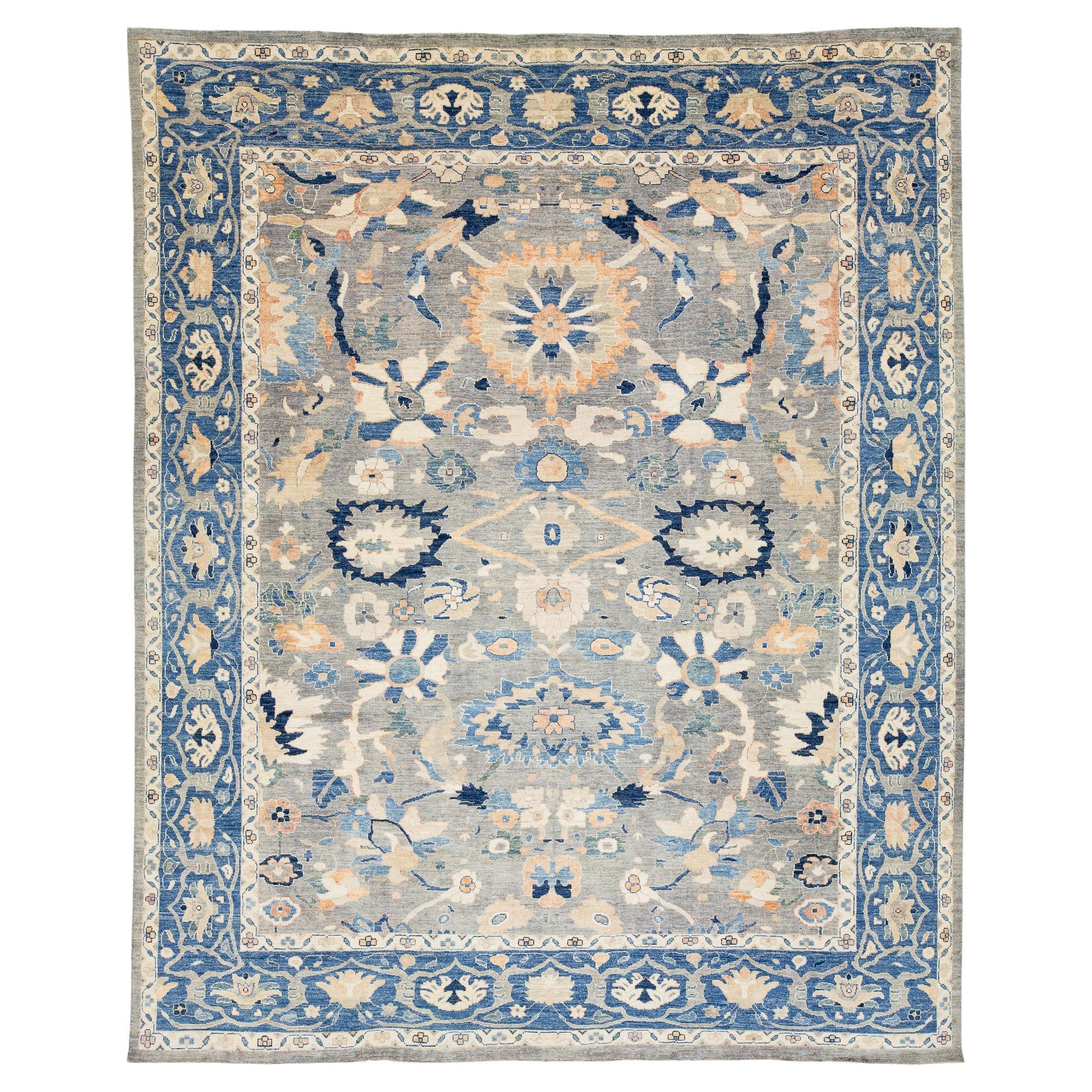 Tappeto in lana stile Oushak 12x15 moderno e floreale in blu ardesia attenuato