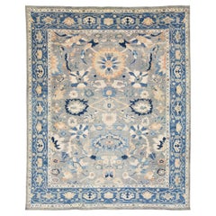12x15 Alfombra de lana estilo Oushak floral moderna en azul pizarra apagado