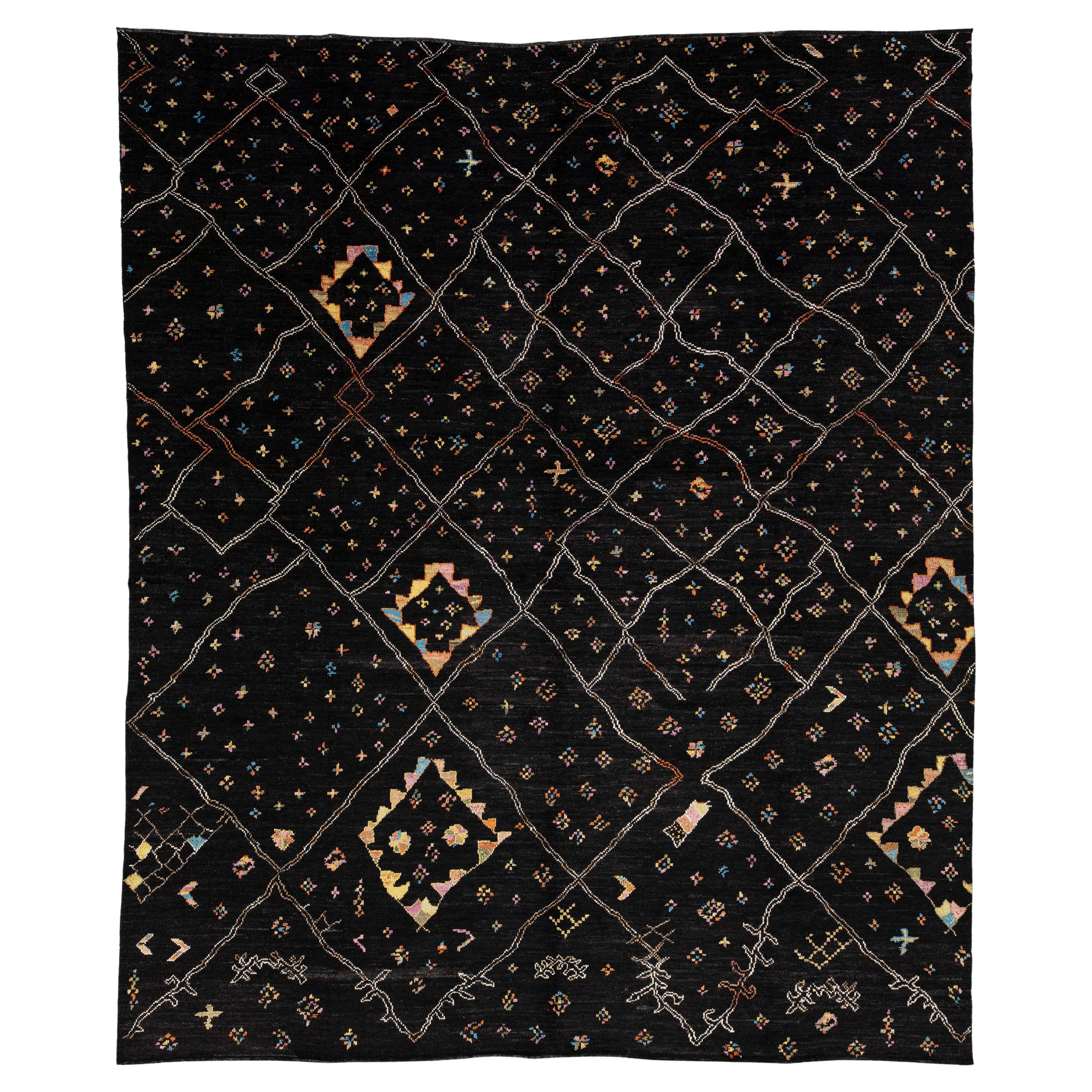 12x15 Modern Moroccan Style Wool Rug Handmade Black 
Multi-Color Berber Design For Sale