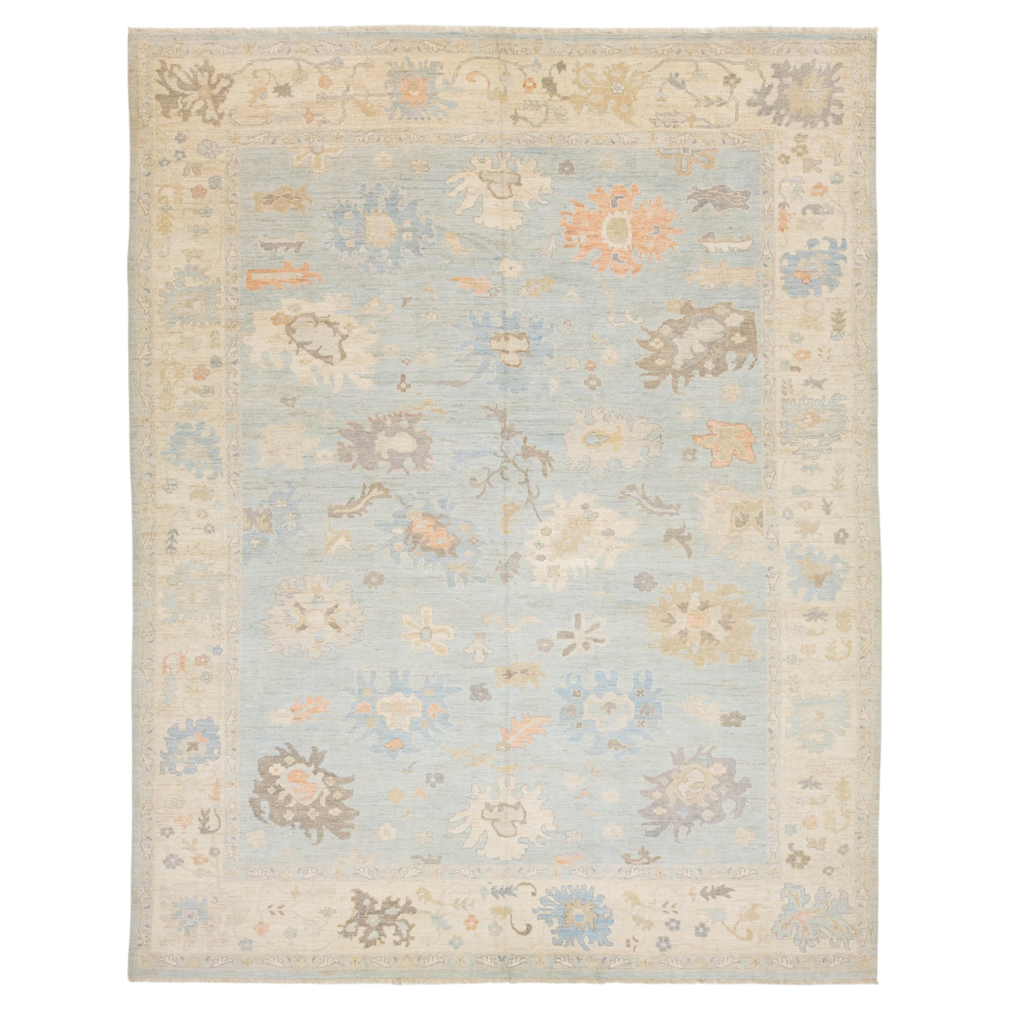 12x15 Modern Oushak Hand-Knotted Wool Area Rug – Soft Blue & Muted Earth Tones