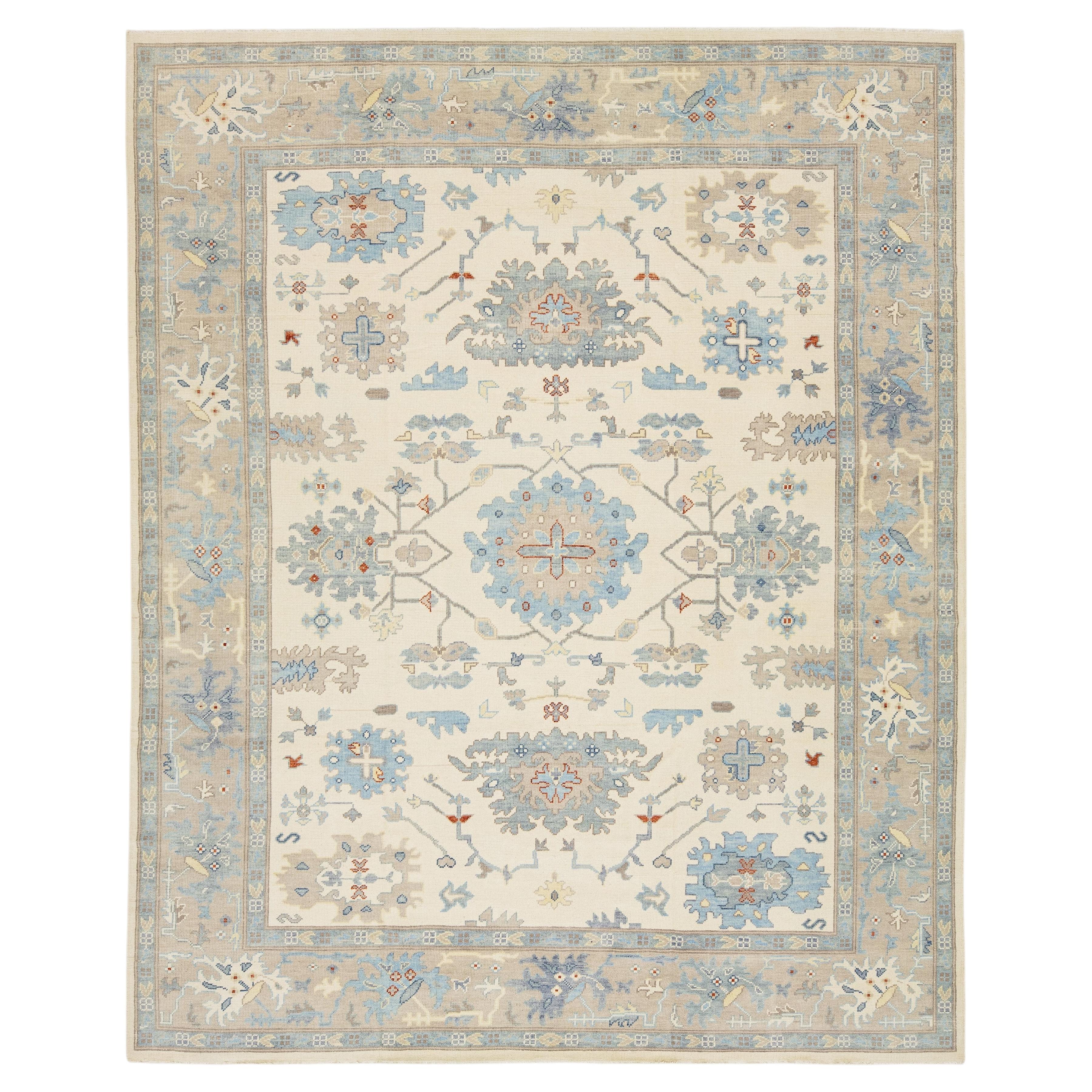 Alfombra de lana de 12x15, estilo Oushak moderno, tejida a mano, en tonos azul pizarra suave y beige
