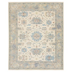 12x15 Handgeknüpfter Wollteppich im modernen Oushak-Stil in zartem Schieferblau und Beige