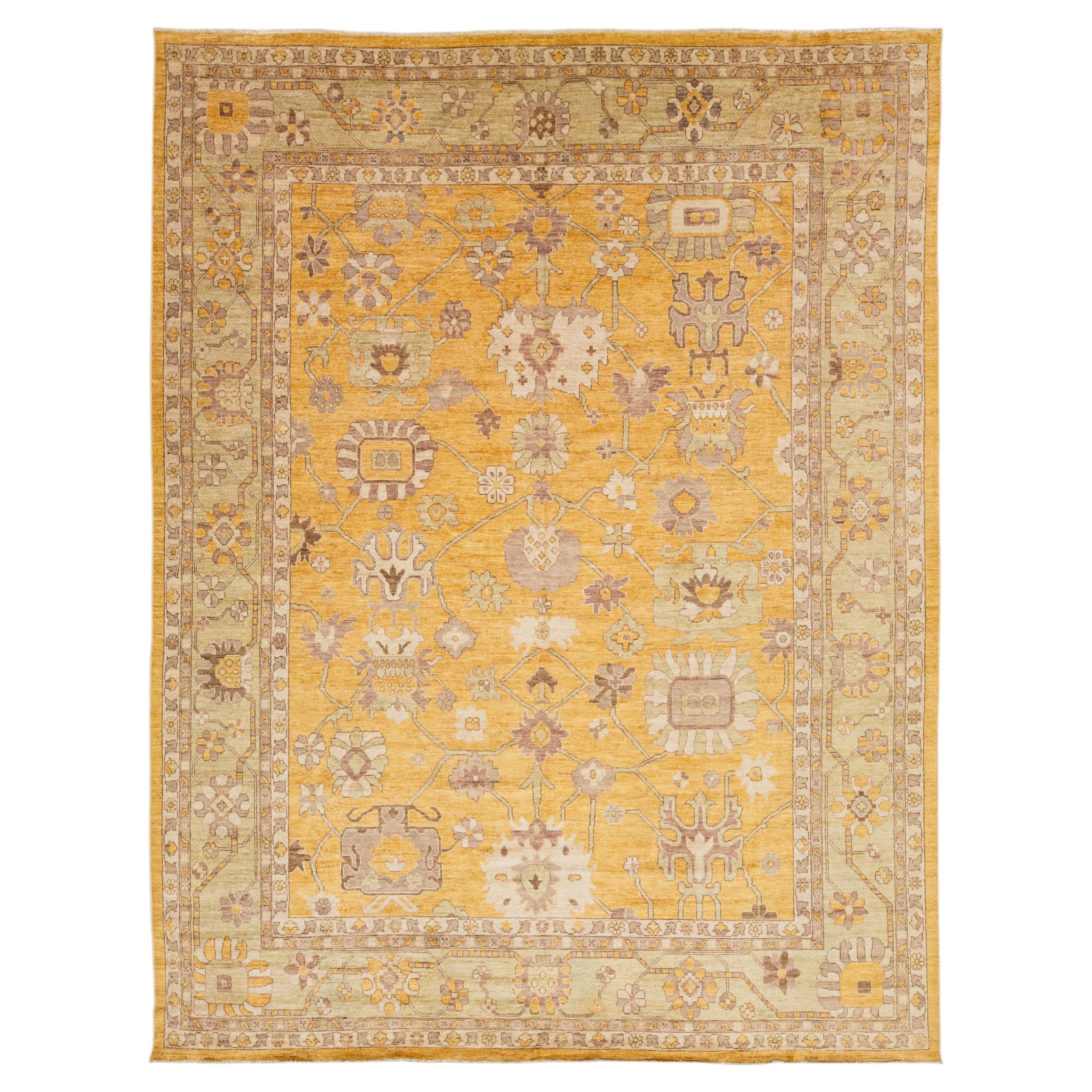 12x15 Modern Oushak Style Hand-Knotted Wool Area Rug – Golden Saffron & Sage