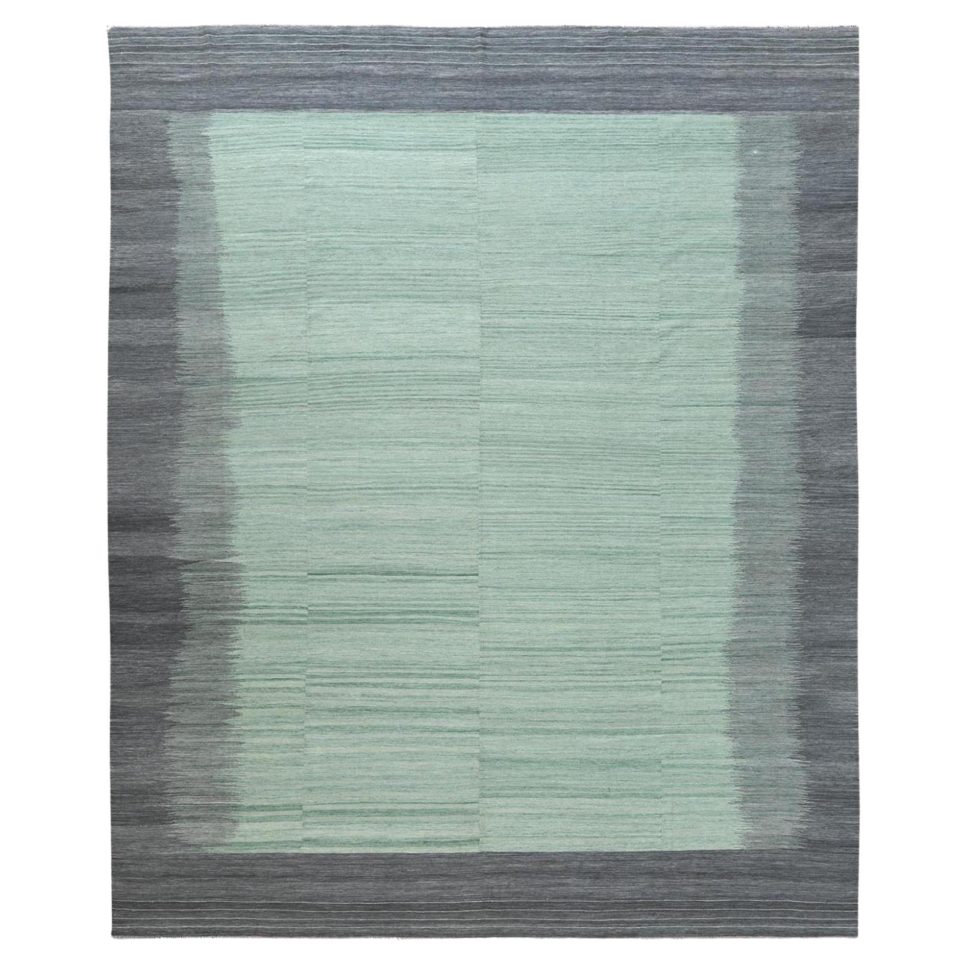 12'x15' Oversize Light Green Flat Weave Kilim Hand Woven Reversible Rug