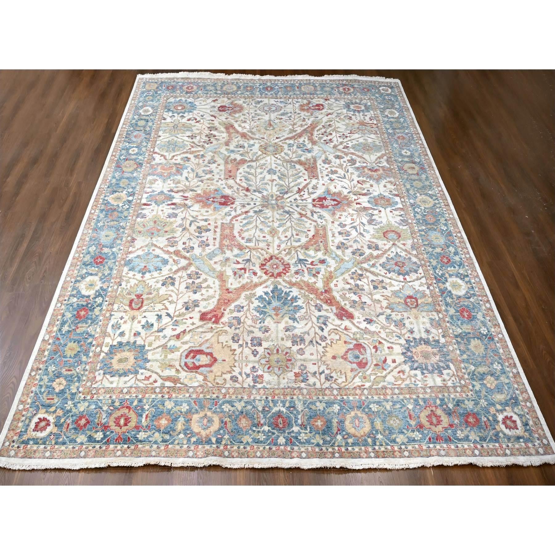 Pearl White, 100% Wool, Hand Knotted, Antiqued Persian with Ziegler Mahal Design, Distressed, Oxidized, Zero Pile, Shaved Low, Oversized, Oriental Rug
Primary materials: Wool
Latex: No Pile 
height: 0.25 Inches
Style: Traditional
Primary color: