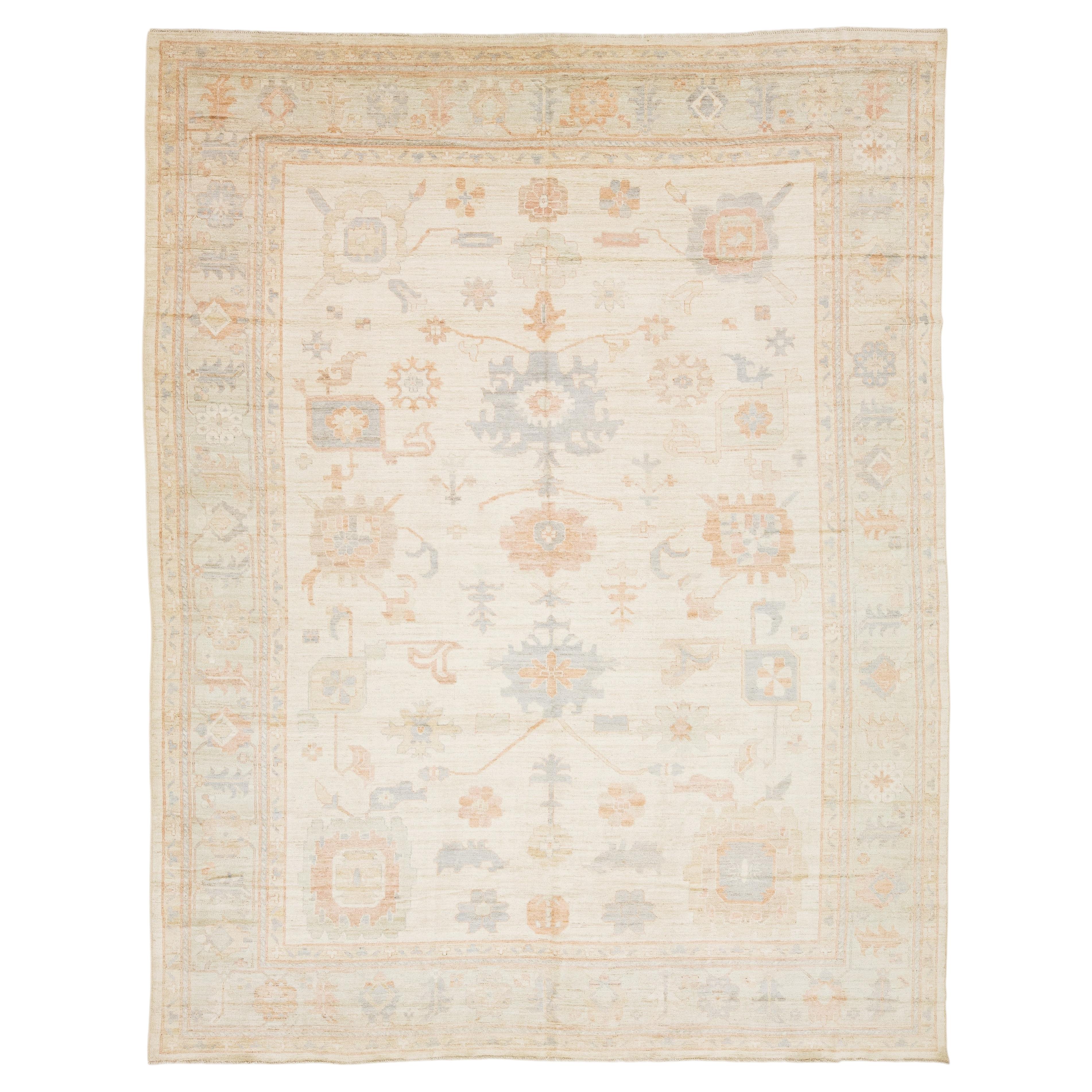 12x15 Serene Ivory & Pastel Modern Oushak Style Handmade Wool Rug