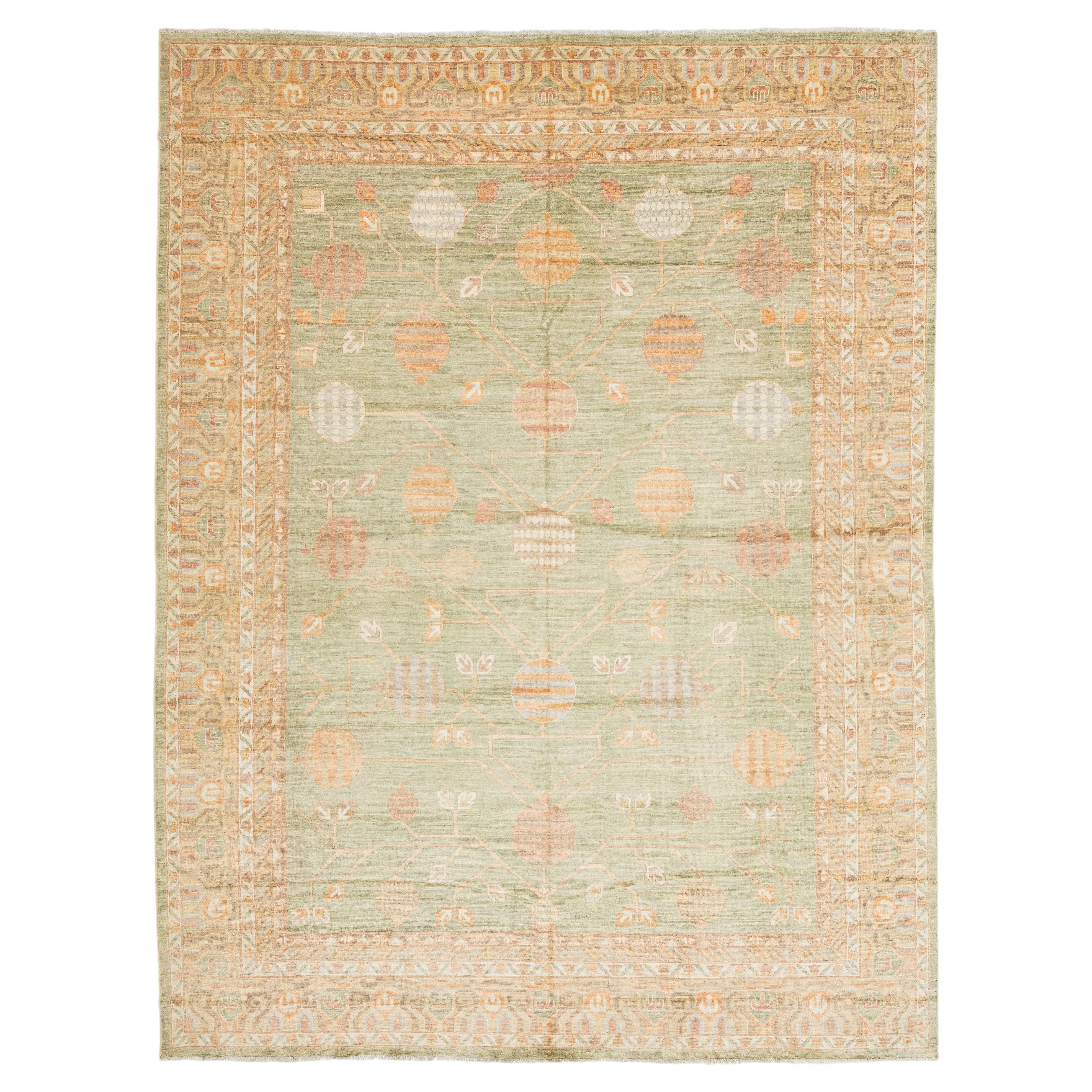 12x15 Serene Sage Green Modern Khotan Style Handmade Wool Area Rug