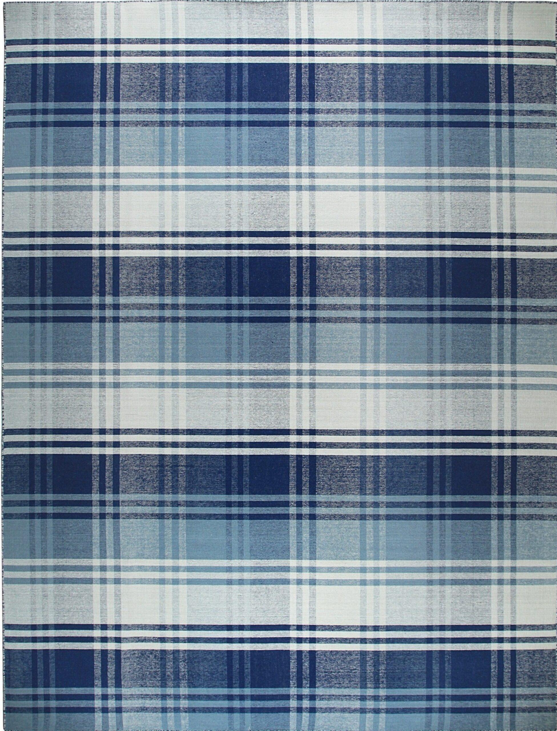 12x15 Sophisticated Elegant Blue Large Scale Plaid Geometric Flatweave Wool Rug For Sale