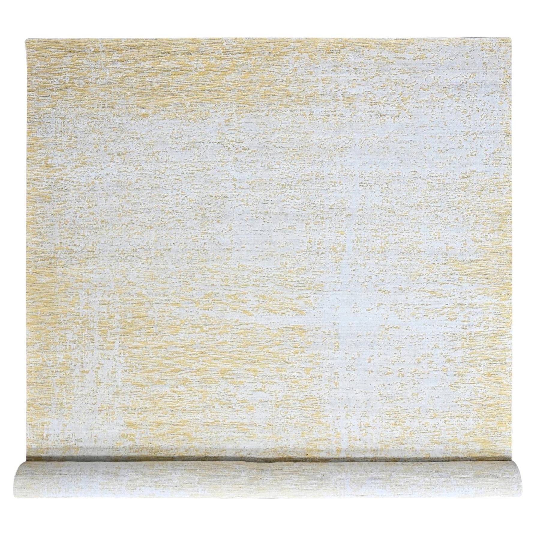 12'x15' Gelber, moderner, handgewebter XL-Teppich aus Wolle und pflanzlicher Seide mit strukturiertem Flor im Angebot