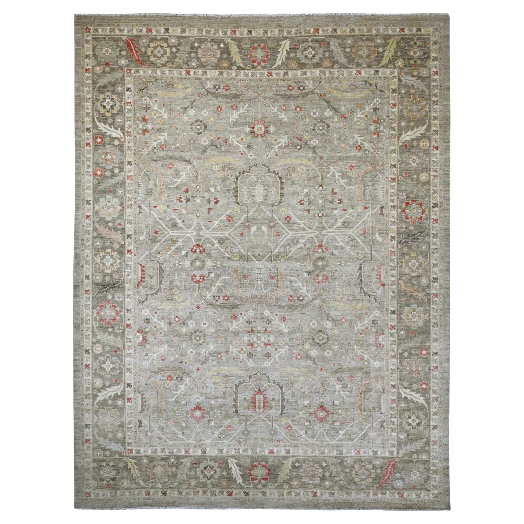 12'x15'1" Fossil Gray Peshawar Heriz All Over Design Hand Knotted 100% Wool Rug