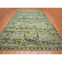 12'x15'1" Green Persian Inspired with Birds Design Hand Knotted Pure Wool XL Rug