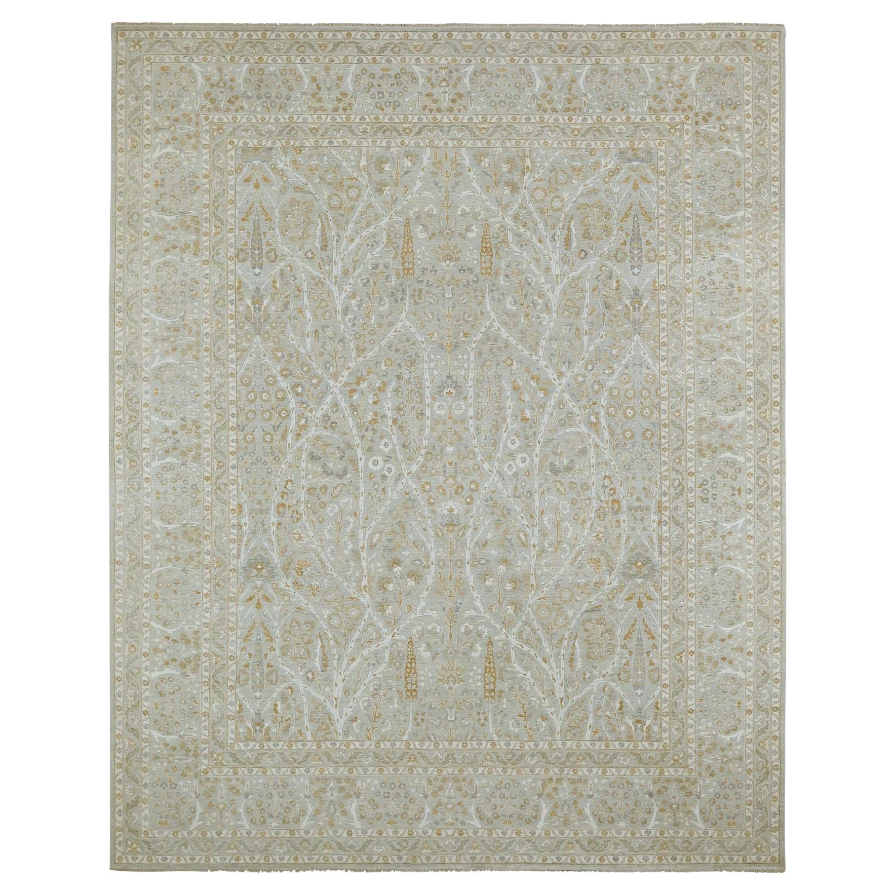 12'x15'1" Pastellgraues Lebensbaum-Design Ton in Ton handgeknüpfter Wollteppich