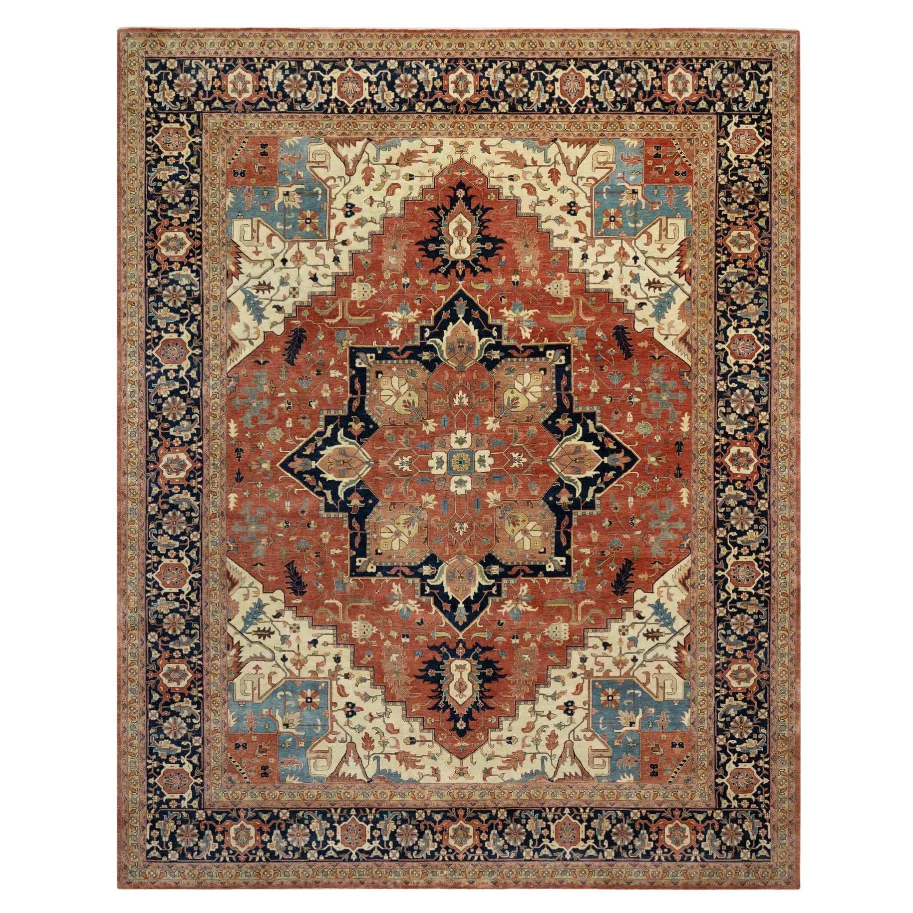 12'x15'1" Persischer roter antiker, handgeknüpfter, antiker, feiner Heriz-Re-Creation-Teppich aus reiner Wolle