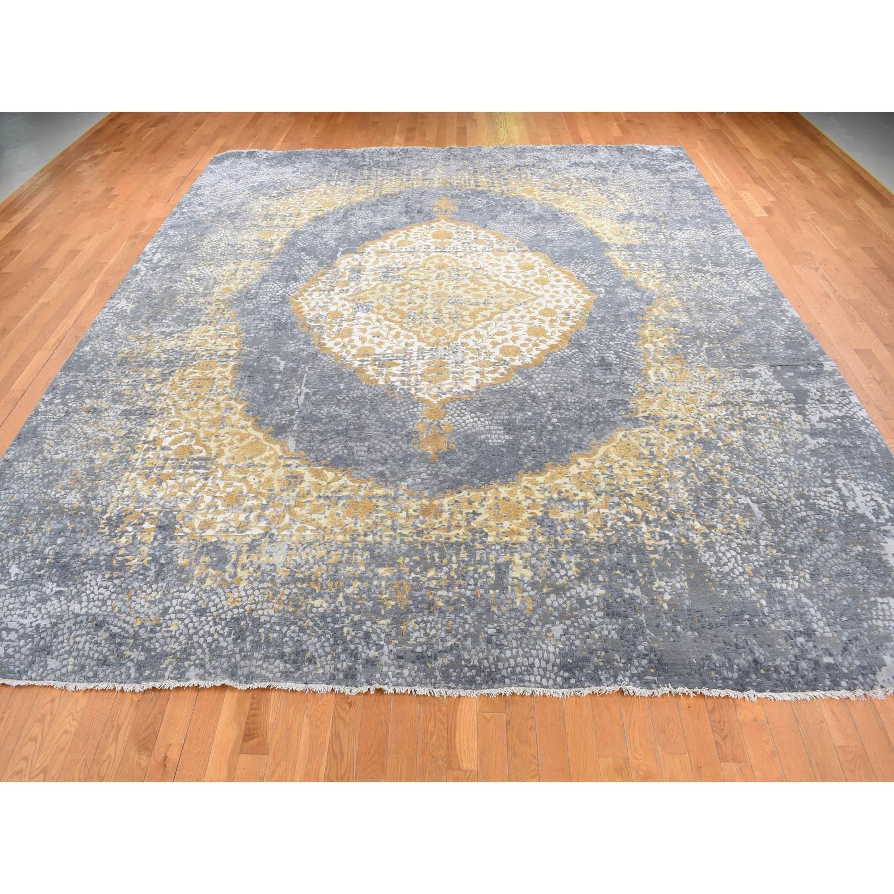 Pewter Gray with Gold, Broken and Erased Persian Medallion Design with Roman Mosaic, Wool and Pure Silk, Hand Knotted, Oversized, Oriental Rug
Primary materials: Wool & Silk
Latex: No Pile 
height: 0.25 Inches
Style: Transitional
Primary color: