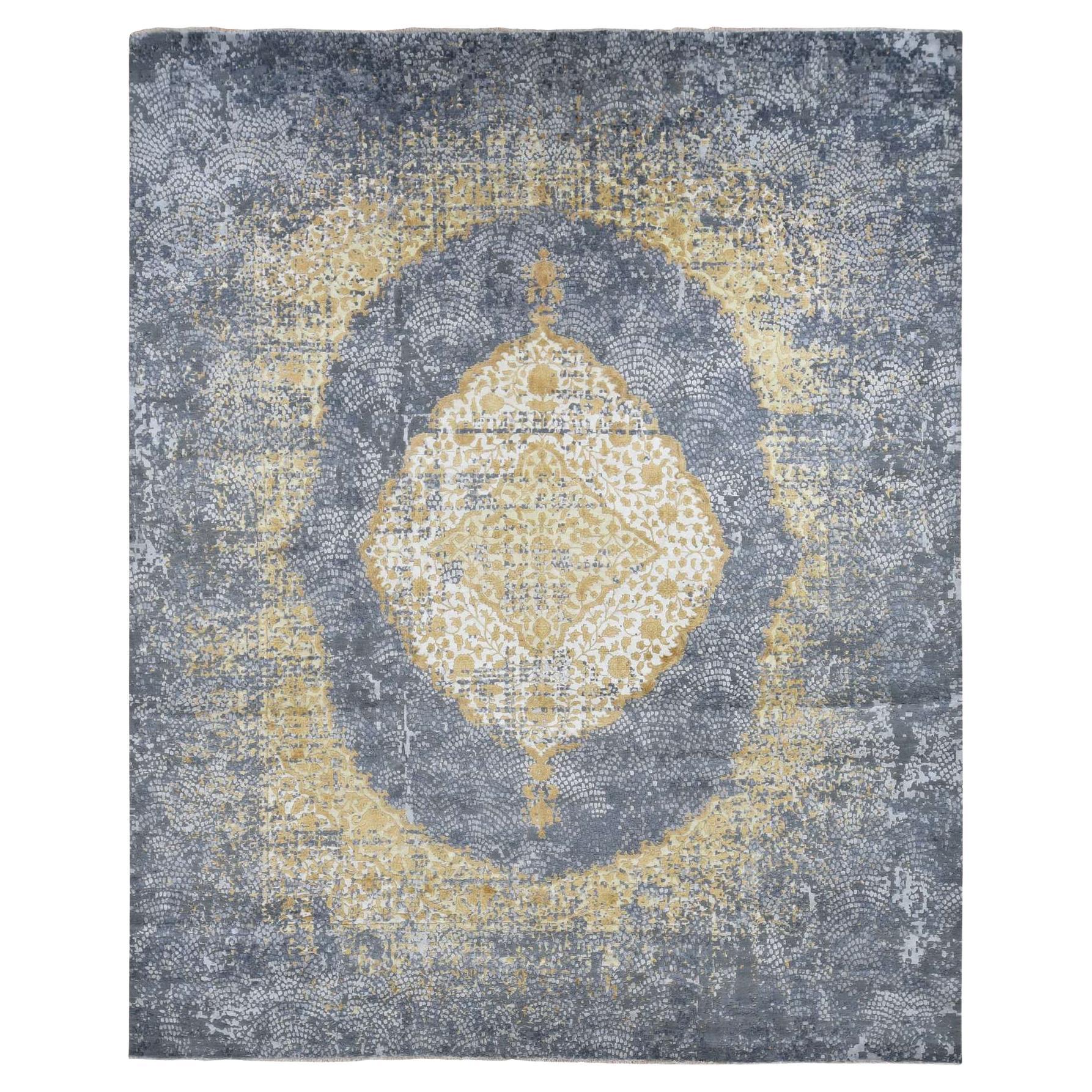 12'x15'1" Pewter Gray Erased Persian Design Hand Knotted Wool and Silk Rug For Sale