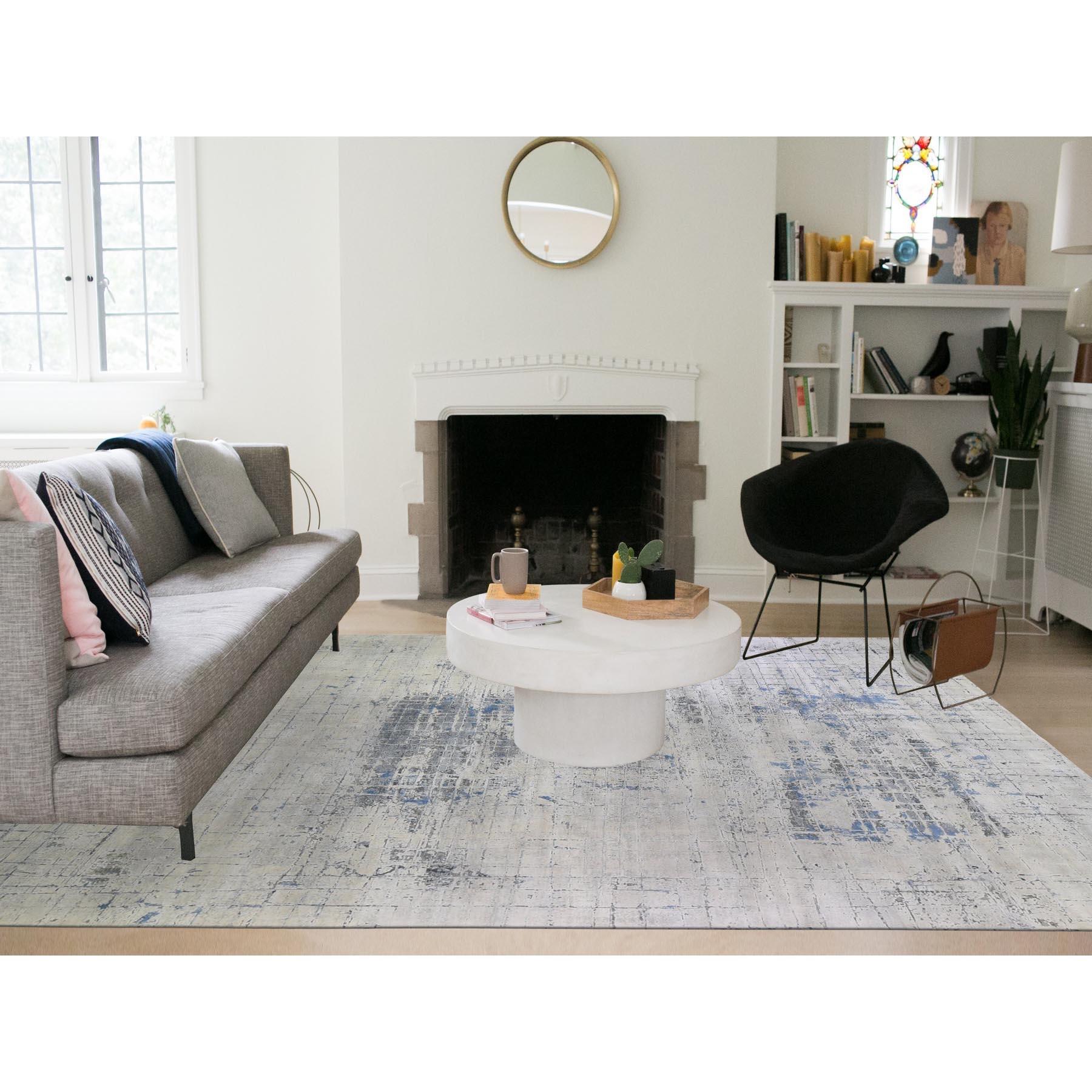 This is a truly genuine one-of-a-kind Gray-Blue Pure Silk with Textured Wool Avant-Garde Design Extra Large Hand Knotted Oriental Rug. It has been woven for months and months in the centuries-old Persian weaving craftsmanship techniques by expert