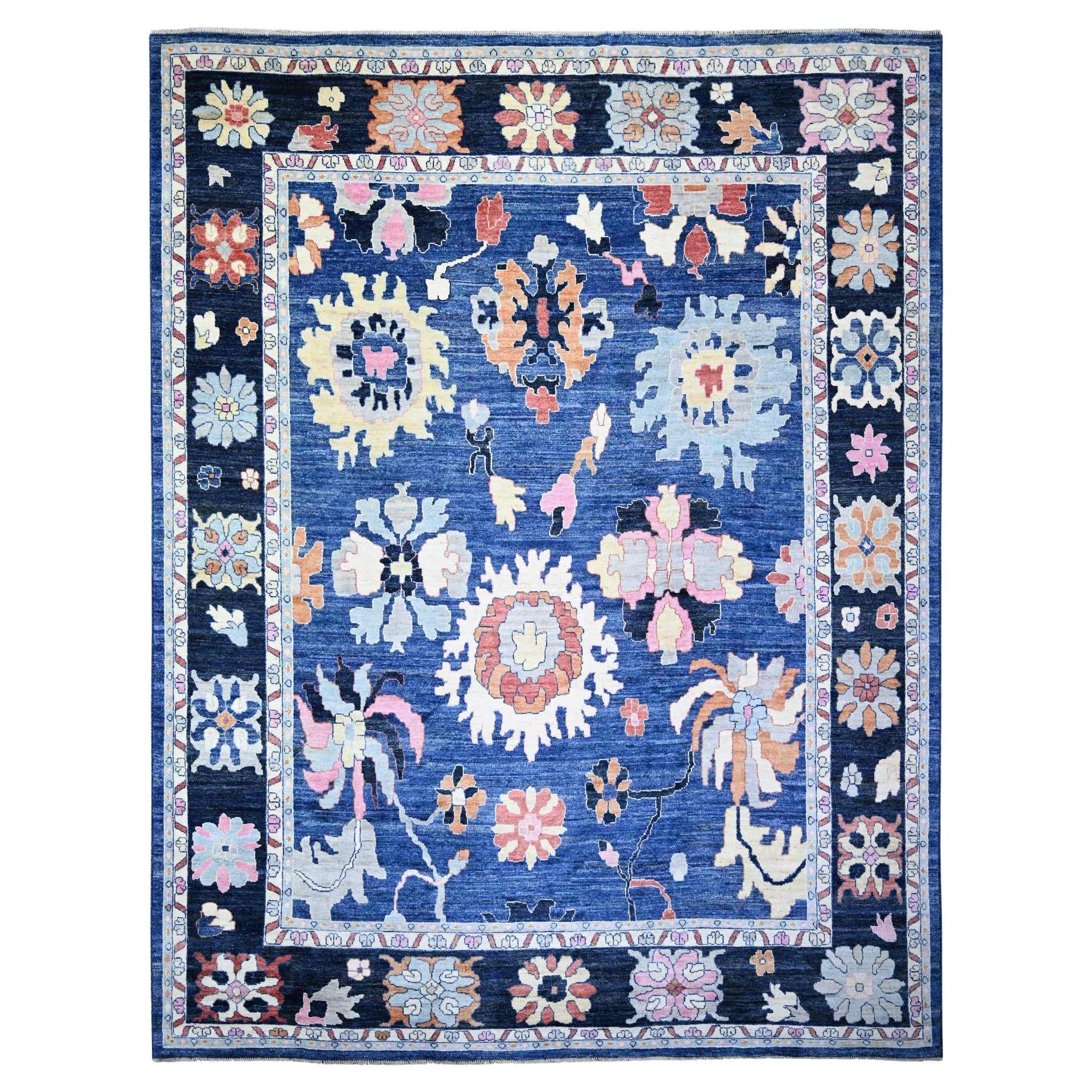 12'x15'2" Blauer handgeknüpfter afghanischer Angora Oushak Teppich aus reiner Wolle in Übergröße im Angebot