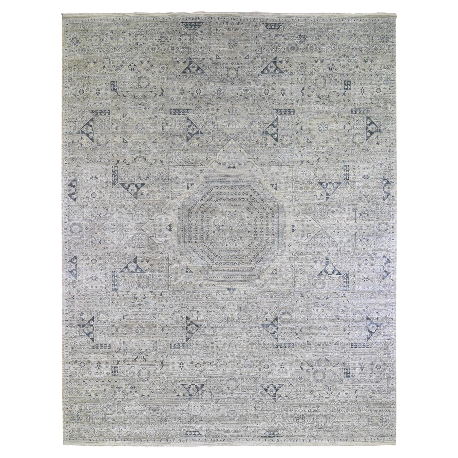 12'x15'2" Reine Seide mit texturierter Wolle Grau Mamluken Handgeknüpfter Orientteppich