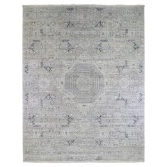12'x15'2" Reine Seide mit texturierter Wolle Grau Mamluken Handgeknüpfter Orientteppich