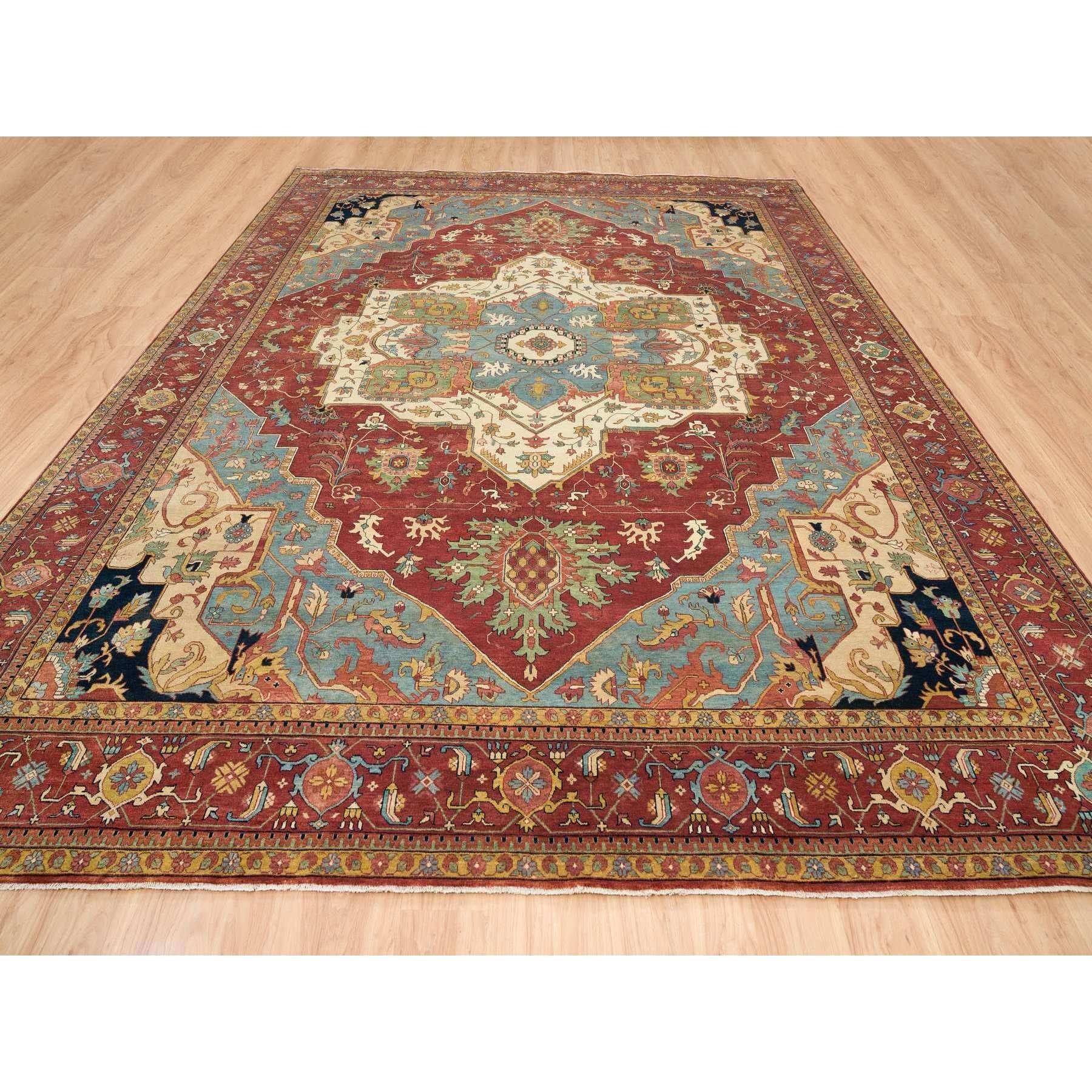 Terracotta Red, Antiqued Fine Heriz Re-Creation, Densely Woven Natural Dyes, Hand Knotted Soft Wool, Oversized Oriental Rug
Primary materials: Wool
Latex: No Pile 
height: 0.25 Inches
Style: Transitional
Primary color: Red
Secondary colors: Green,