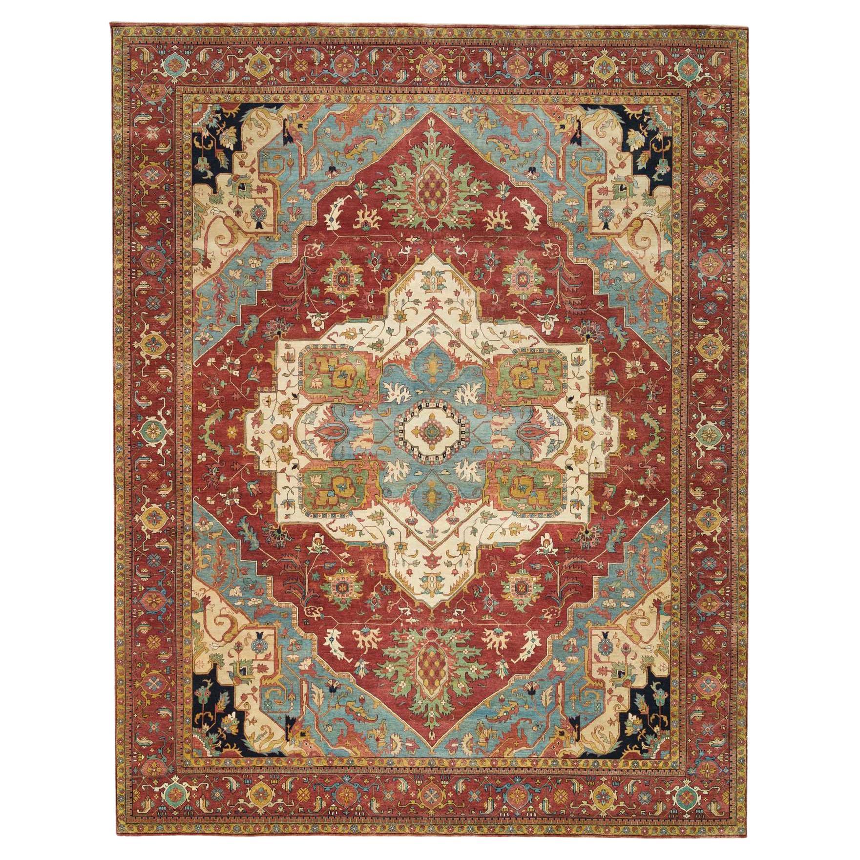 12'x15'2" Red Antiqued Fine Heriz Re-Creation Hand Knotted Wool Oversized Rug