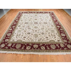 12'x15'3" Floral White Hand Knotted Half Wool and Half Silk Rajasthan Design Rug
