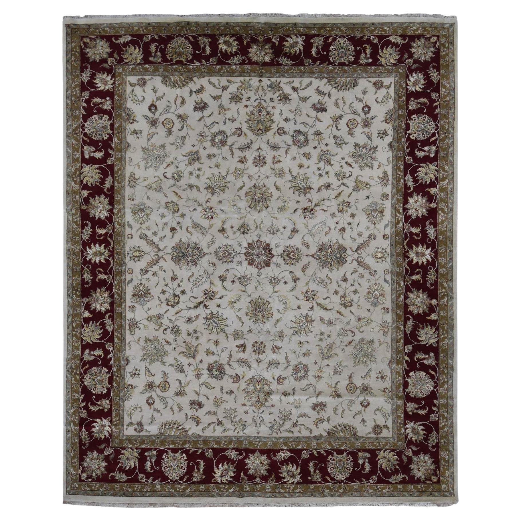 12'x15'3" Tappeto floreale bianco annodato a mano metà lana e metà seta Rajasthan Design