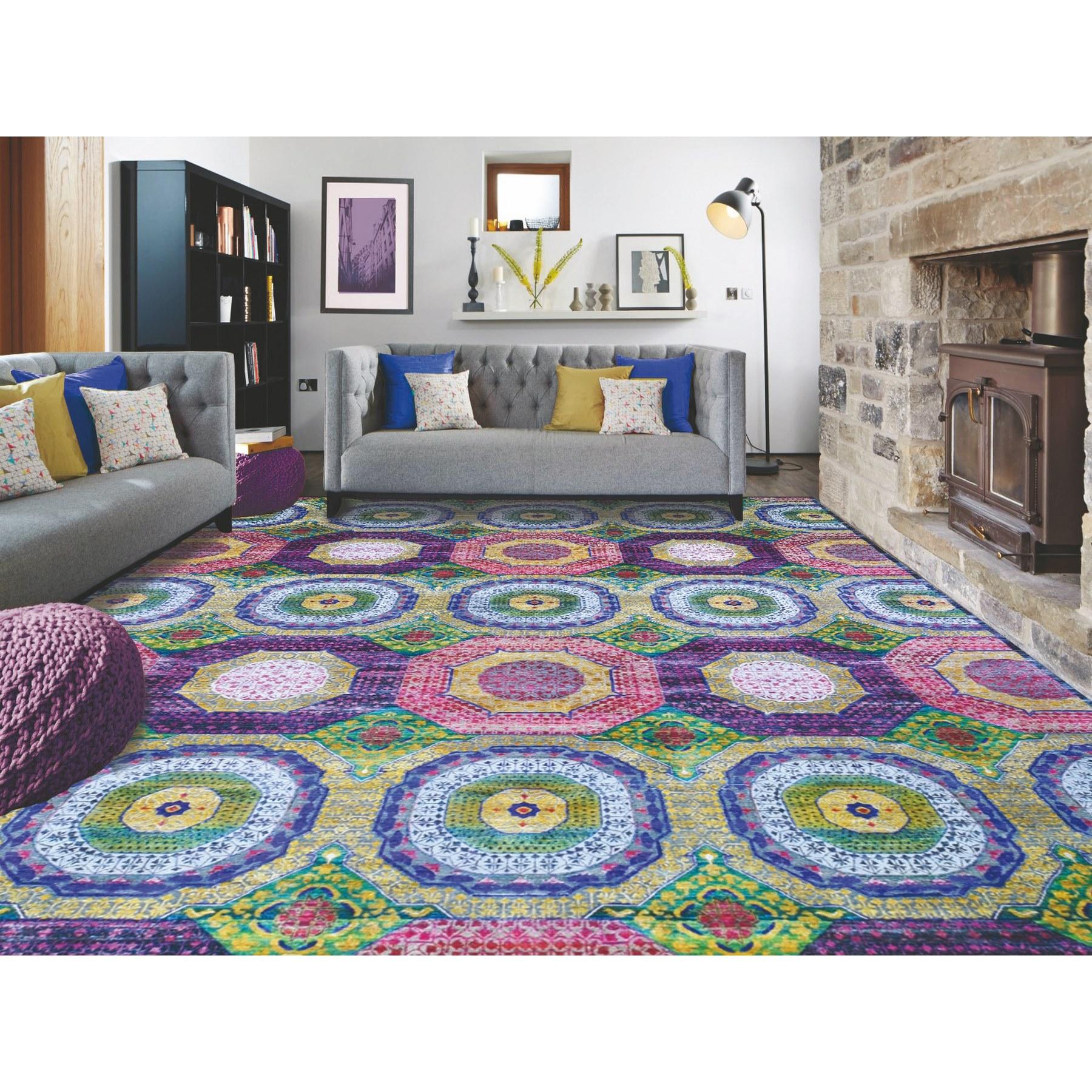This is a truly genuine one-of-a-kind Oversized Sari Silk With Textured Wool Mamluk Design Hand Knotted Rug. It has been Knotted for months and months in the centuries-old Persian weaving craftsmanship techniques by expert artisans.
Primary