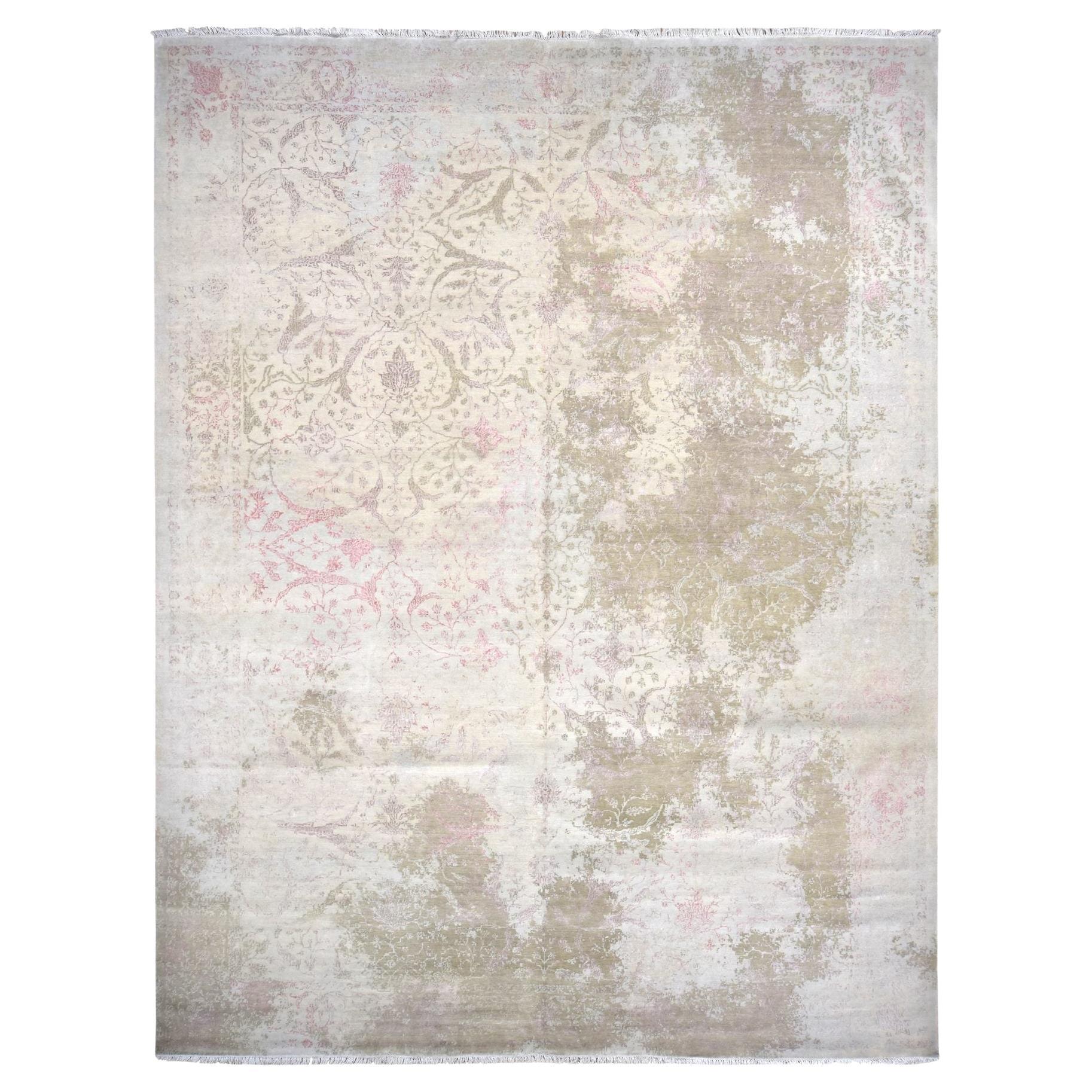 12'x15'4" Gray Erased Persian Inspired Design Wool and Silk Hand Knotted Rug