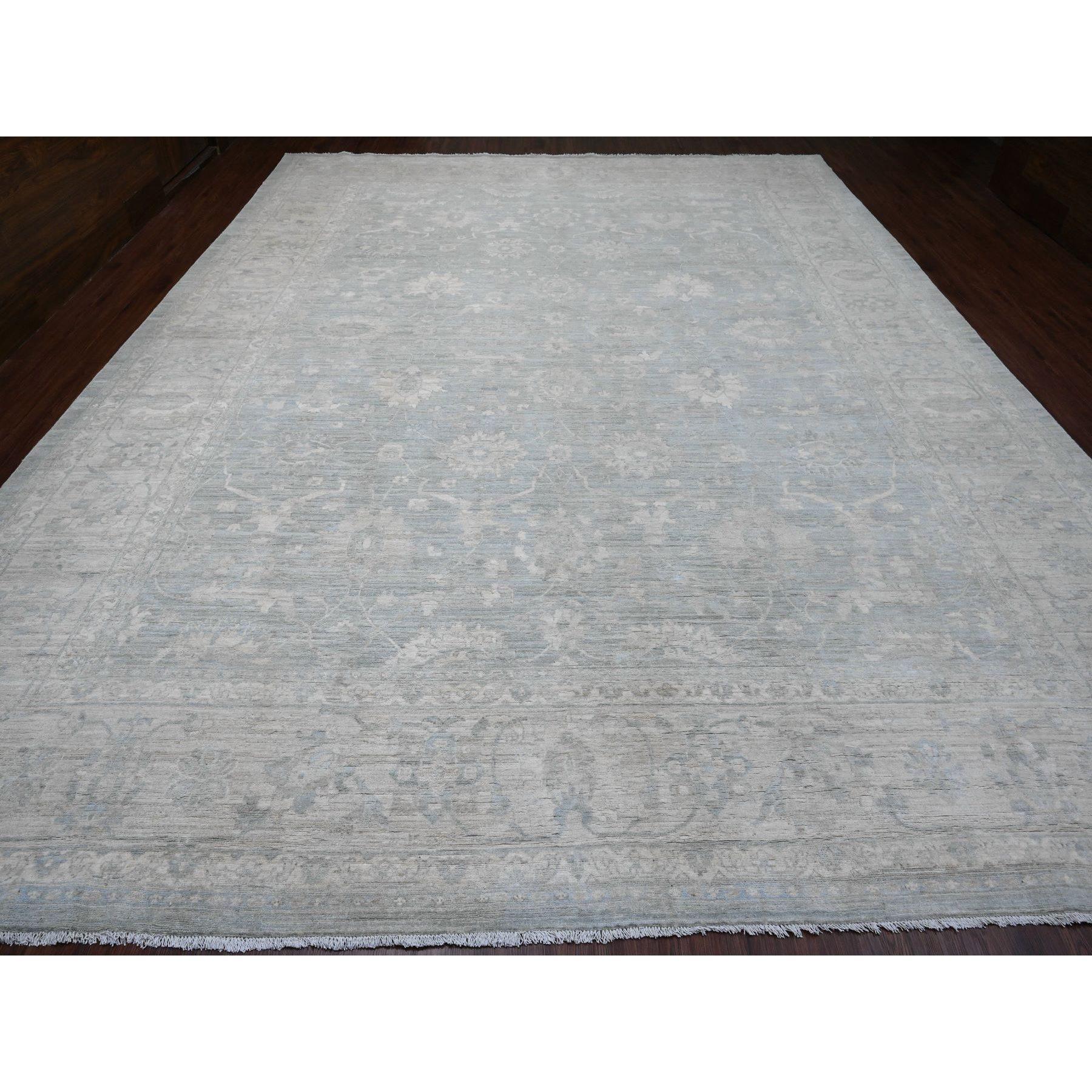Misty Gray, Washed Out Peshawar with All Over Leaf Pattern, Hand Knotted, Natural Dyes, 100% Wool, Oversized, Oriental Rug
Primary materials: Wool
Latex: No Pile 
height: 0.25 Inches
Style: Transitional
Primary color: Grey
Secondary colors: